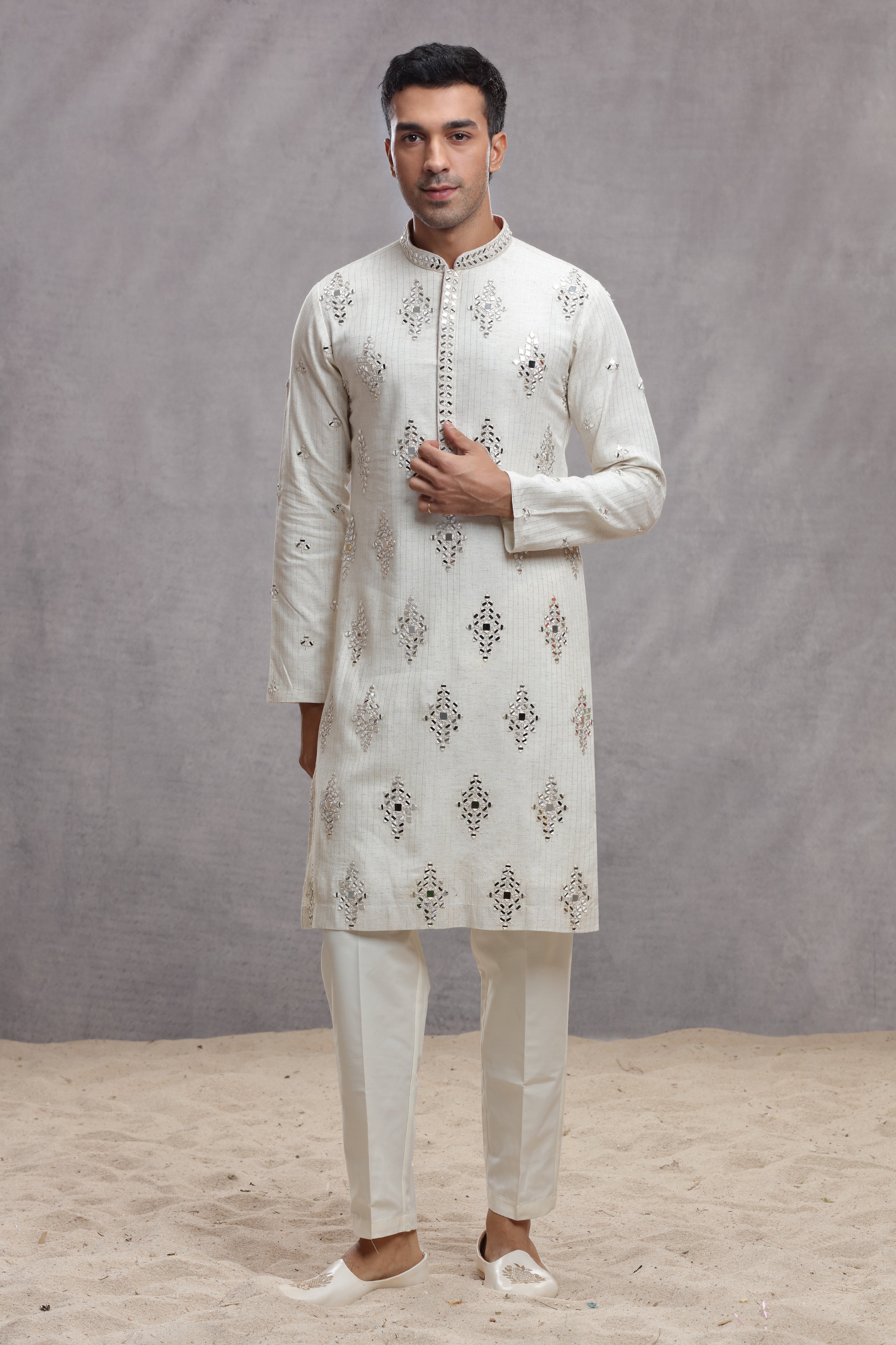 Ivory Chanderi Silk Kurta with Mirror Work