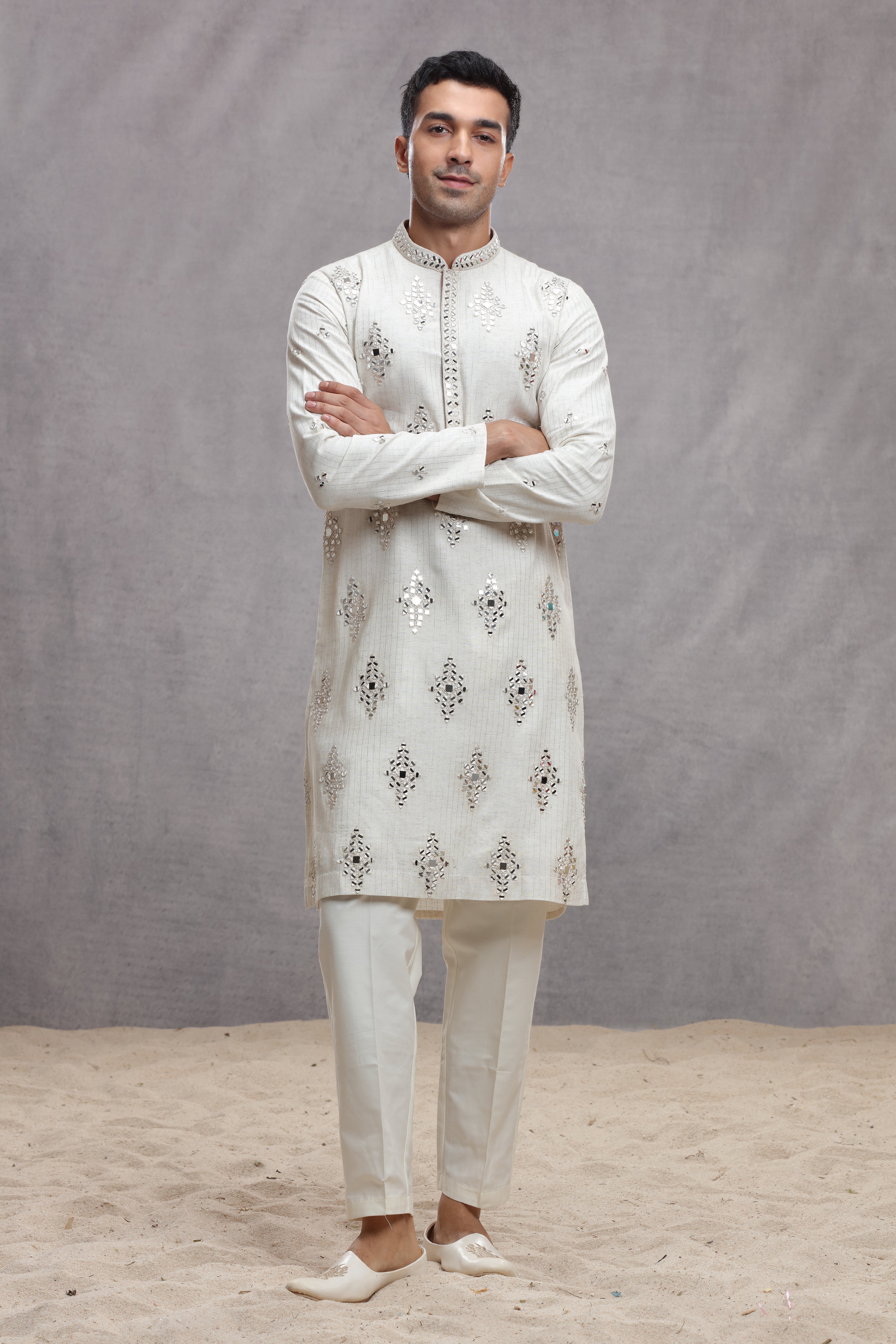 Ivory Chanderi Silk Kurta with Mirror Work