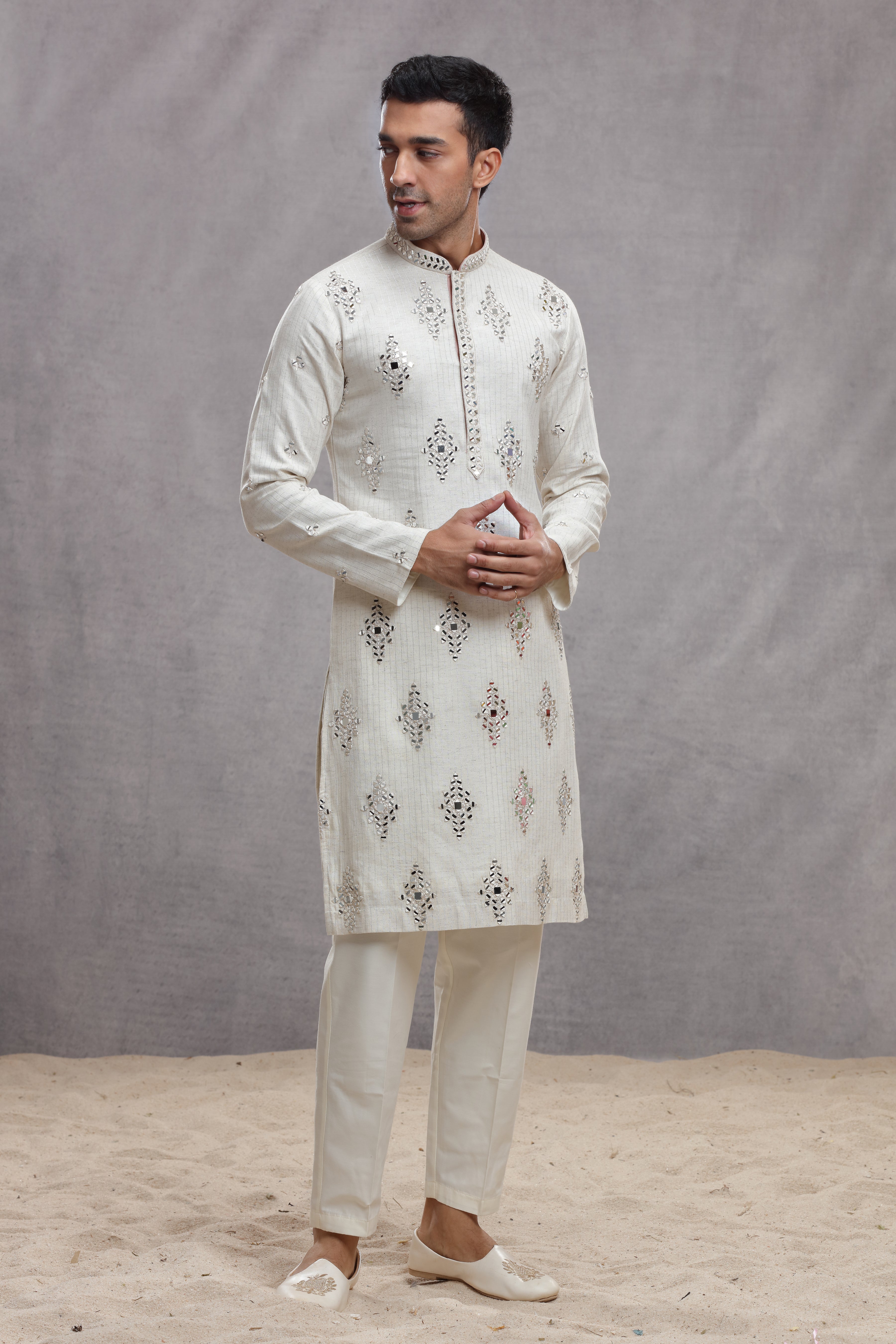 Ivory Chanderi Silk Kurta with Mirror Work