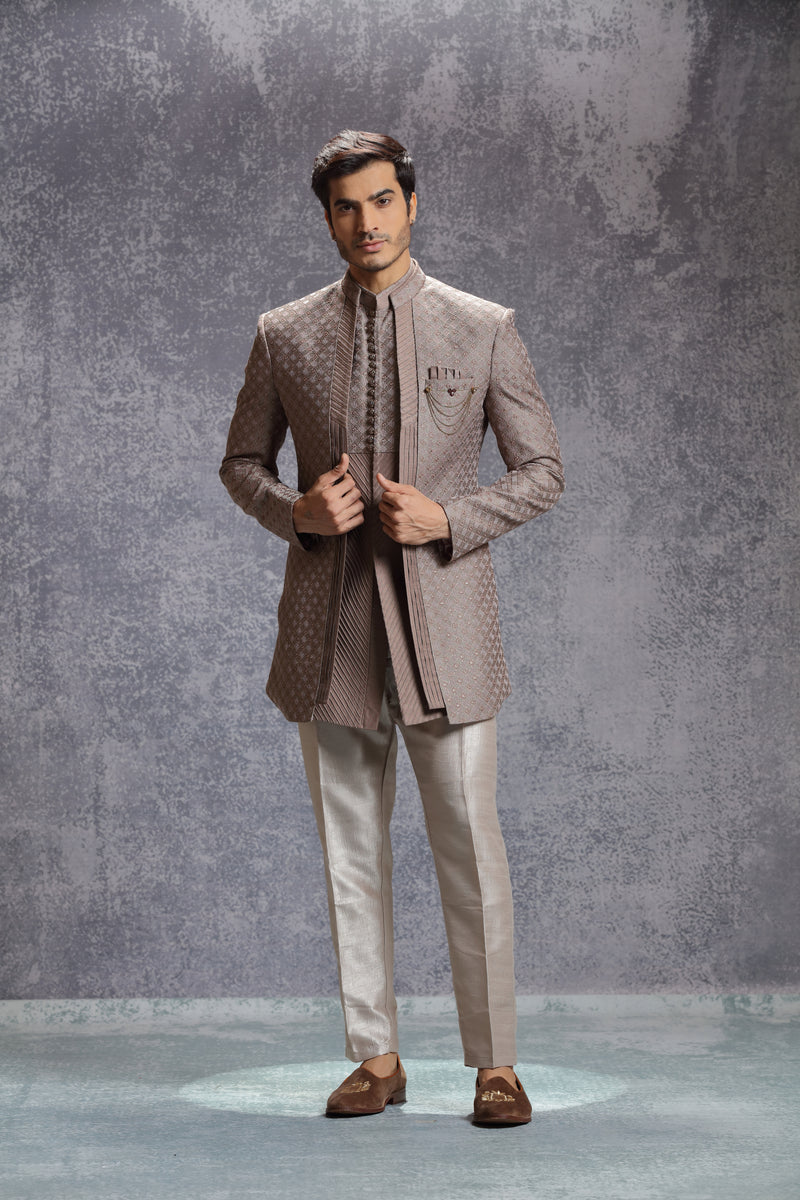 Brown Silk Indowestern With Resham & Sequin Embroidery