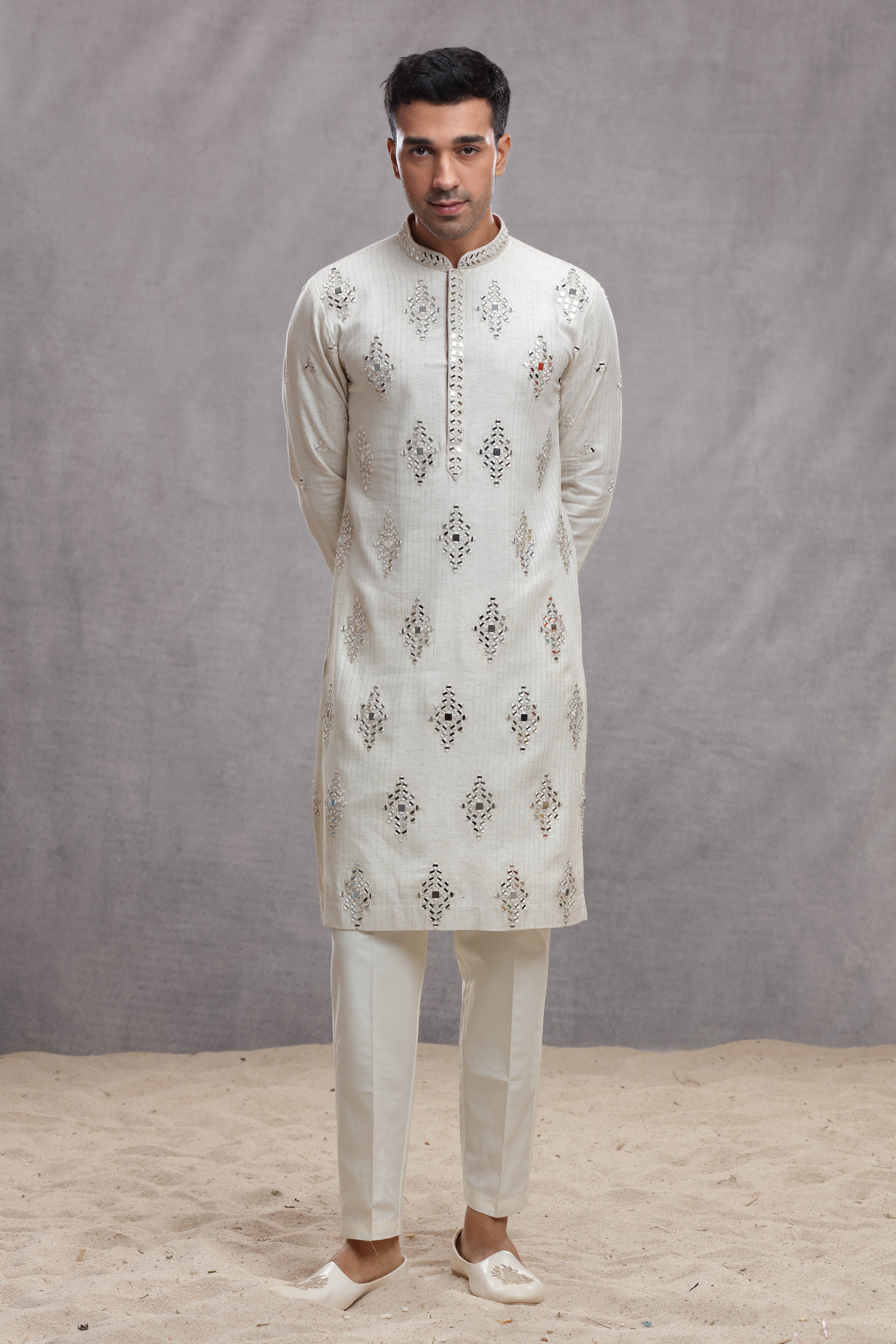 Ivory Chanderi Silk Kurta with Mirror Work