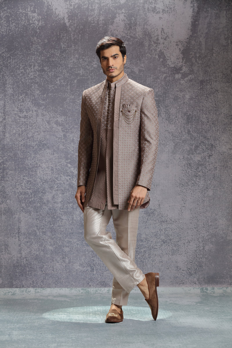 Brown Silk Indowestern With Resham & Sequin Embroidery