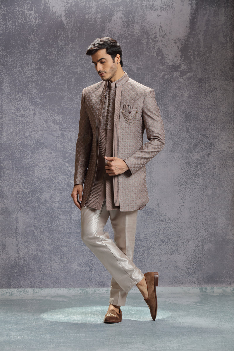 Brown Silk Indowestern With Resham & Sequin Embroidery