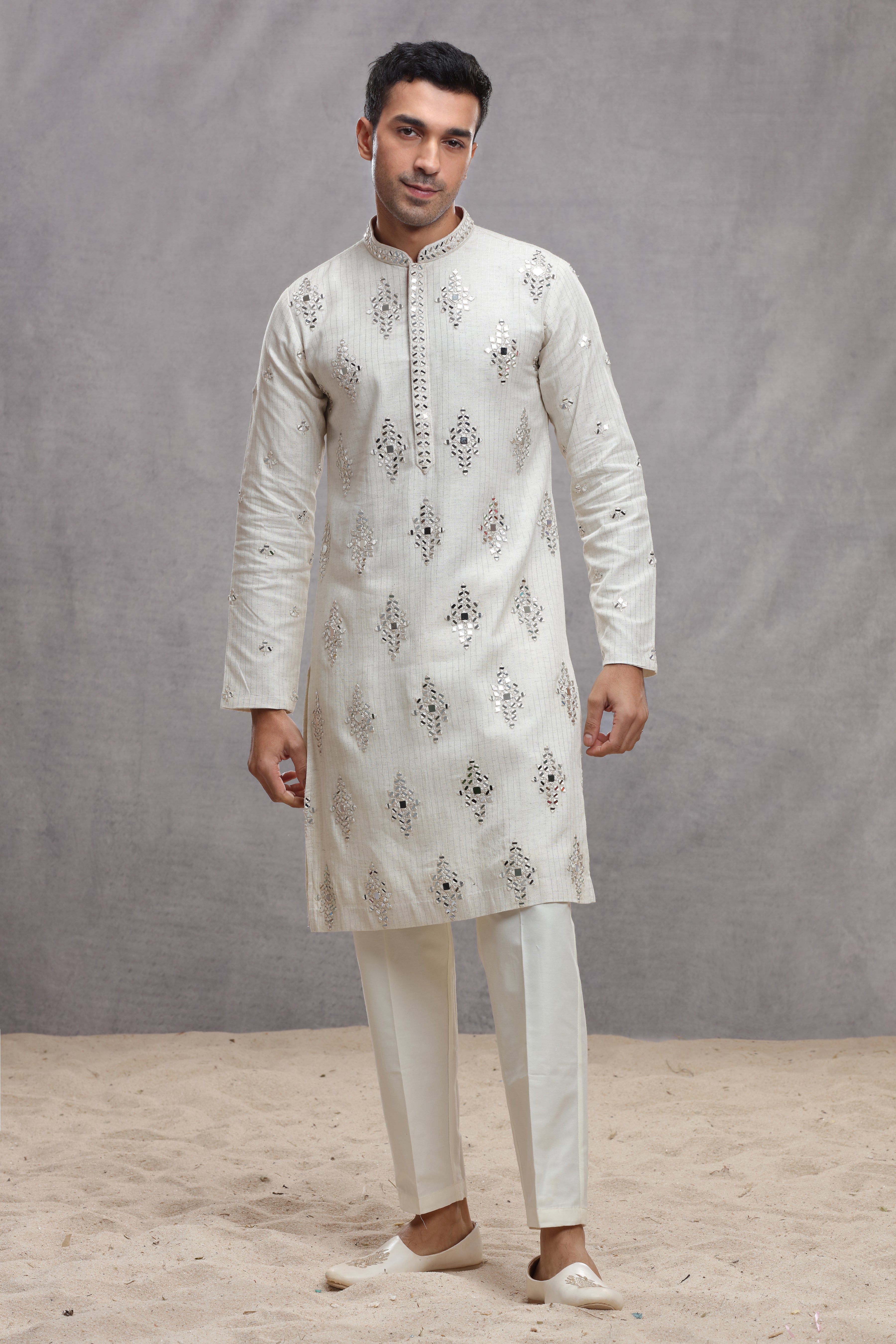 Ivory Chanderi Silk Kurta with Mirror Work