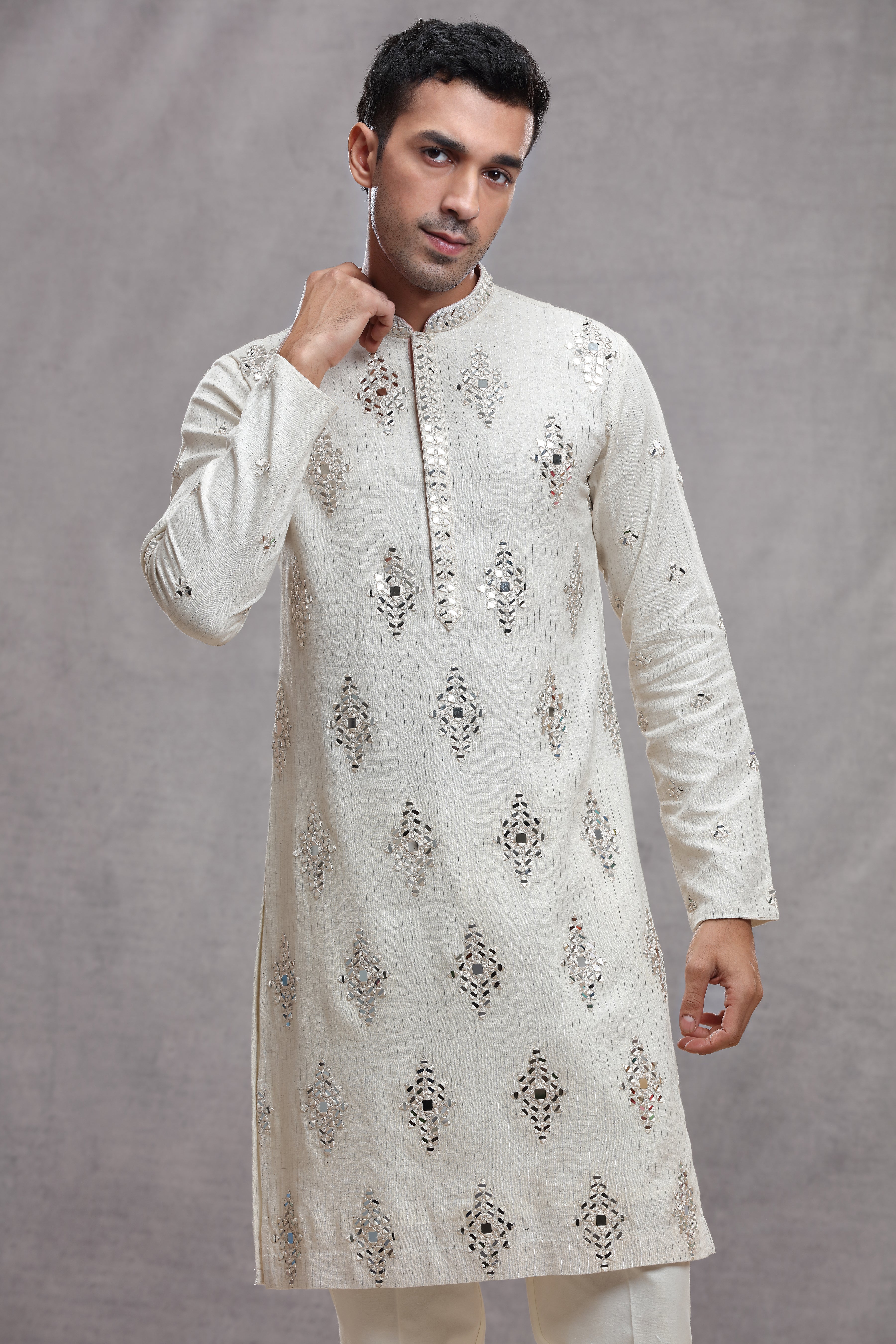 Ivory Chanderi Silk Kurta with Mirror Work