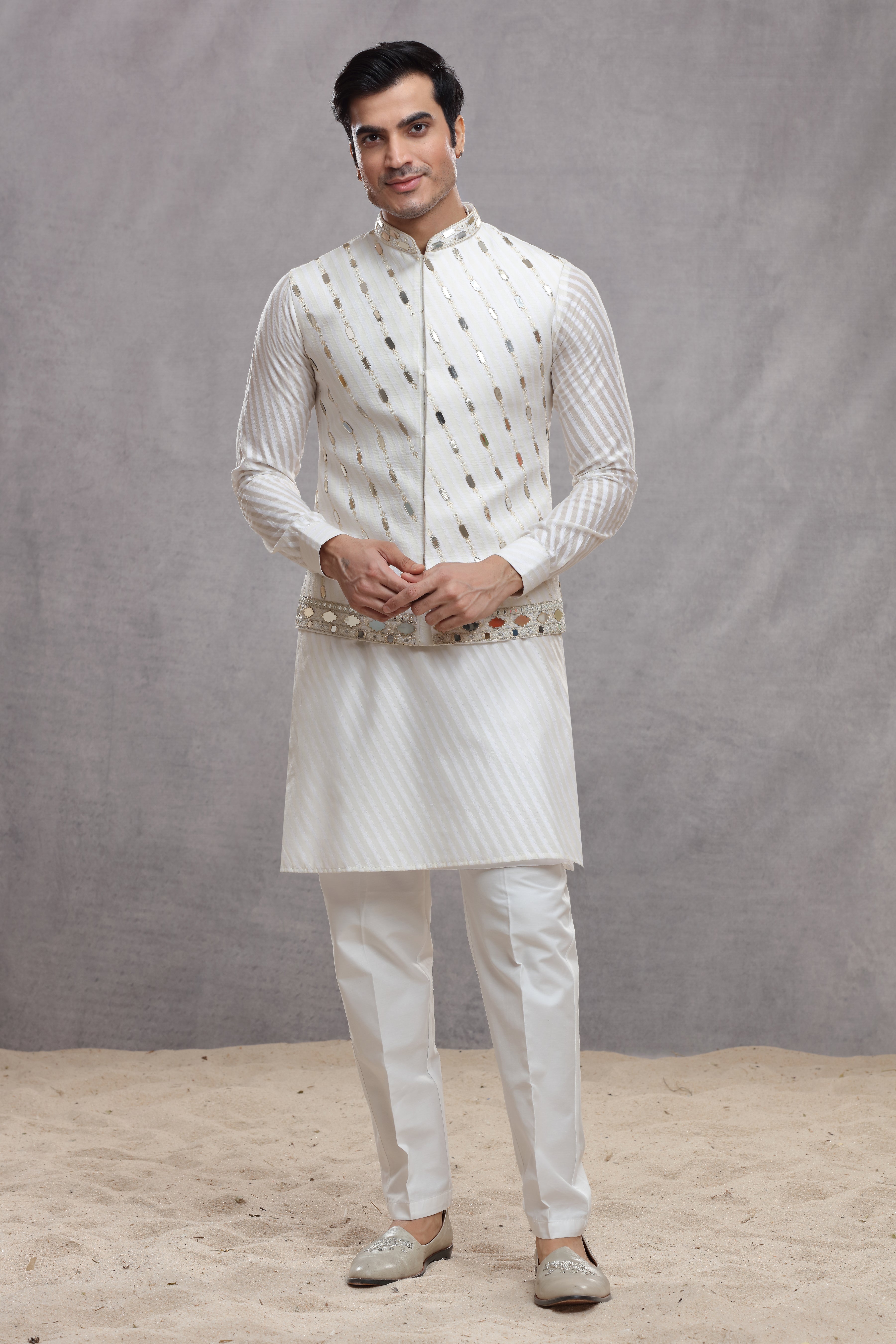 White Chanderi Silk Koti Kurta with Mirror Work