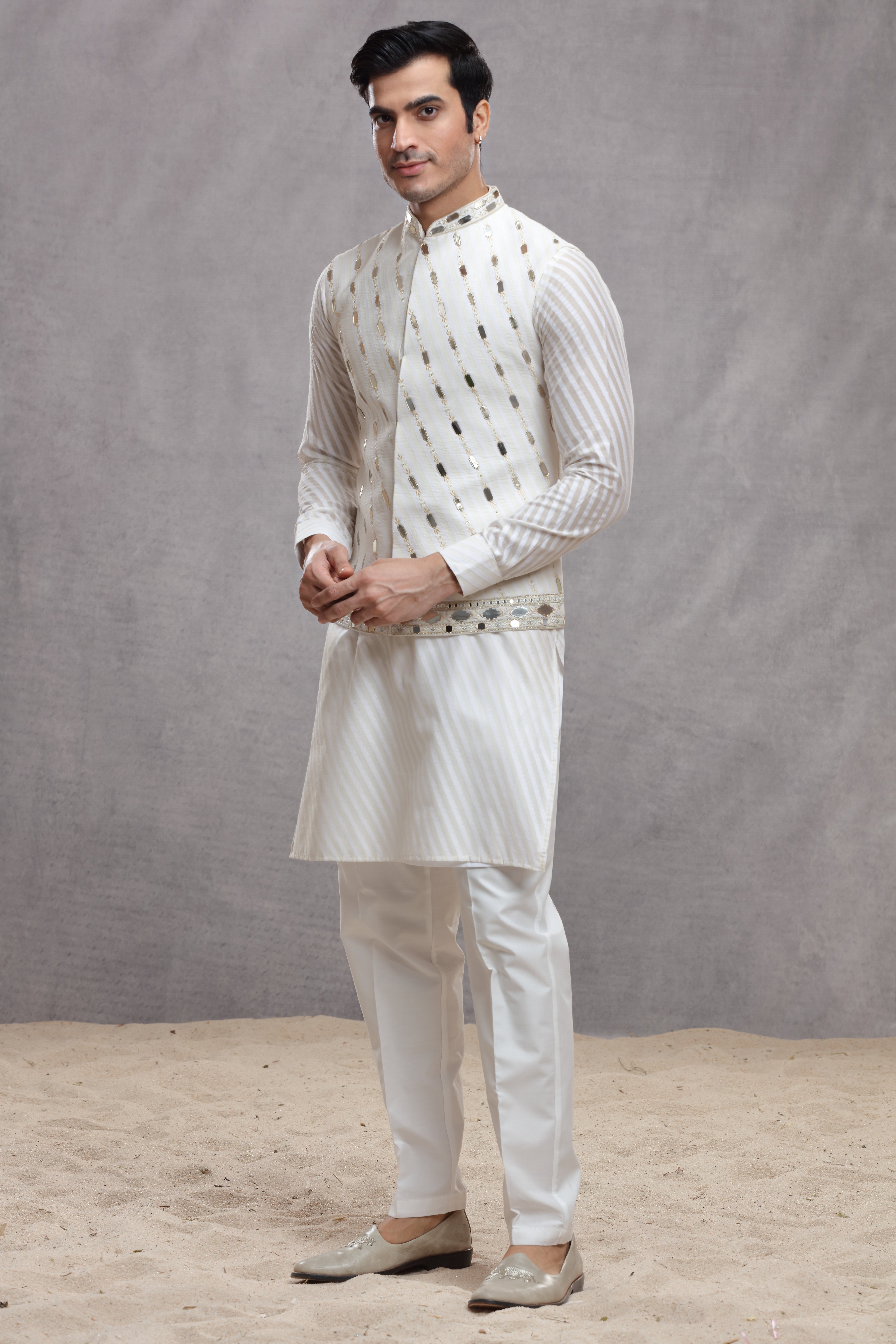 White Chanderi Silk Koti Kurta with Mirror Work