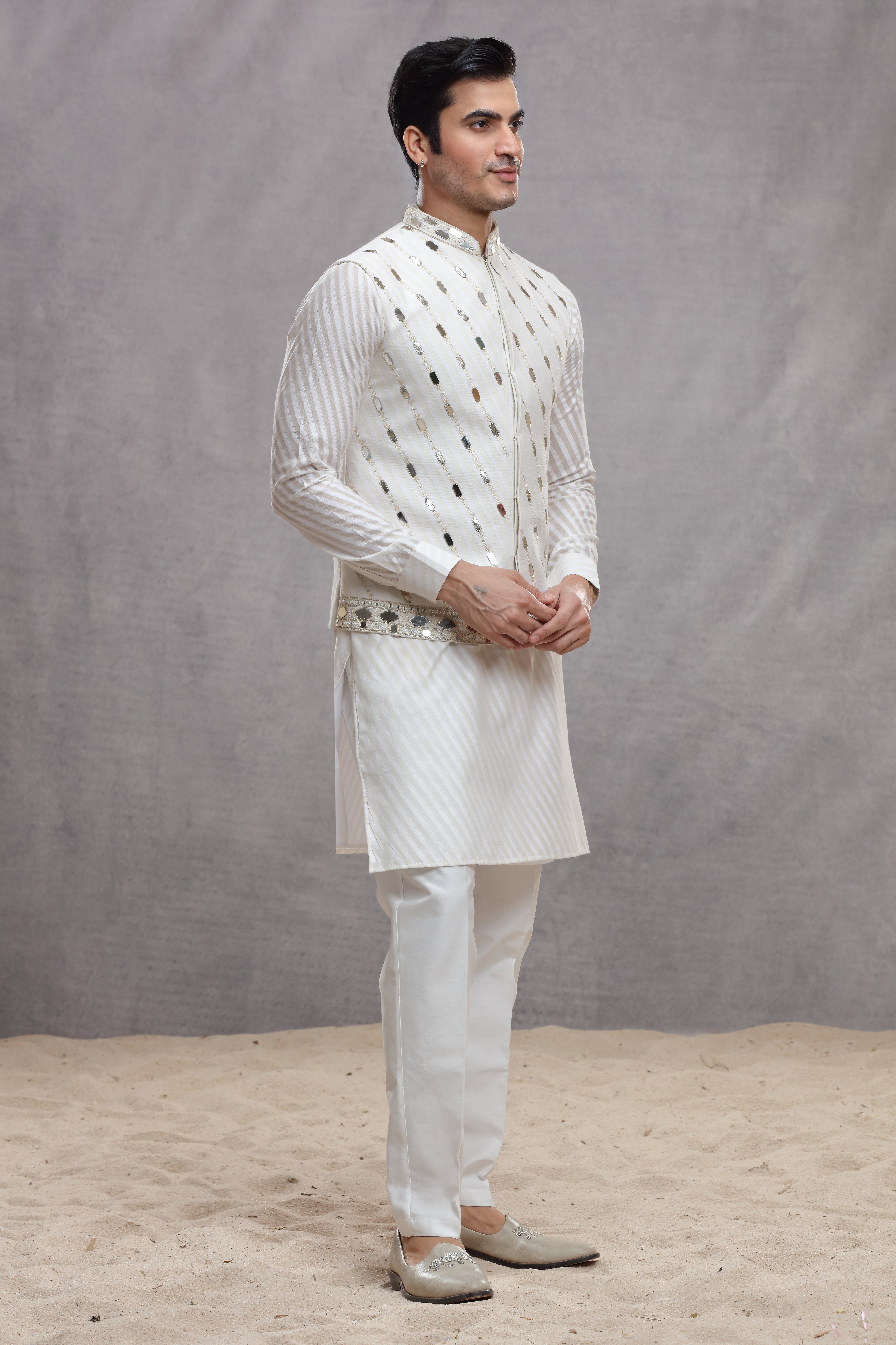 White Chanderi Silk Koti Kurta with Mirror Work