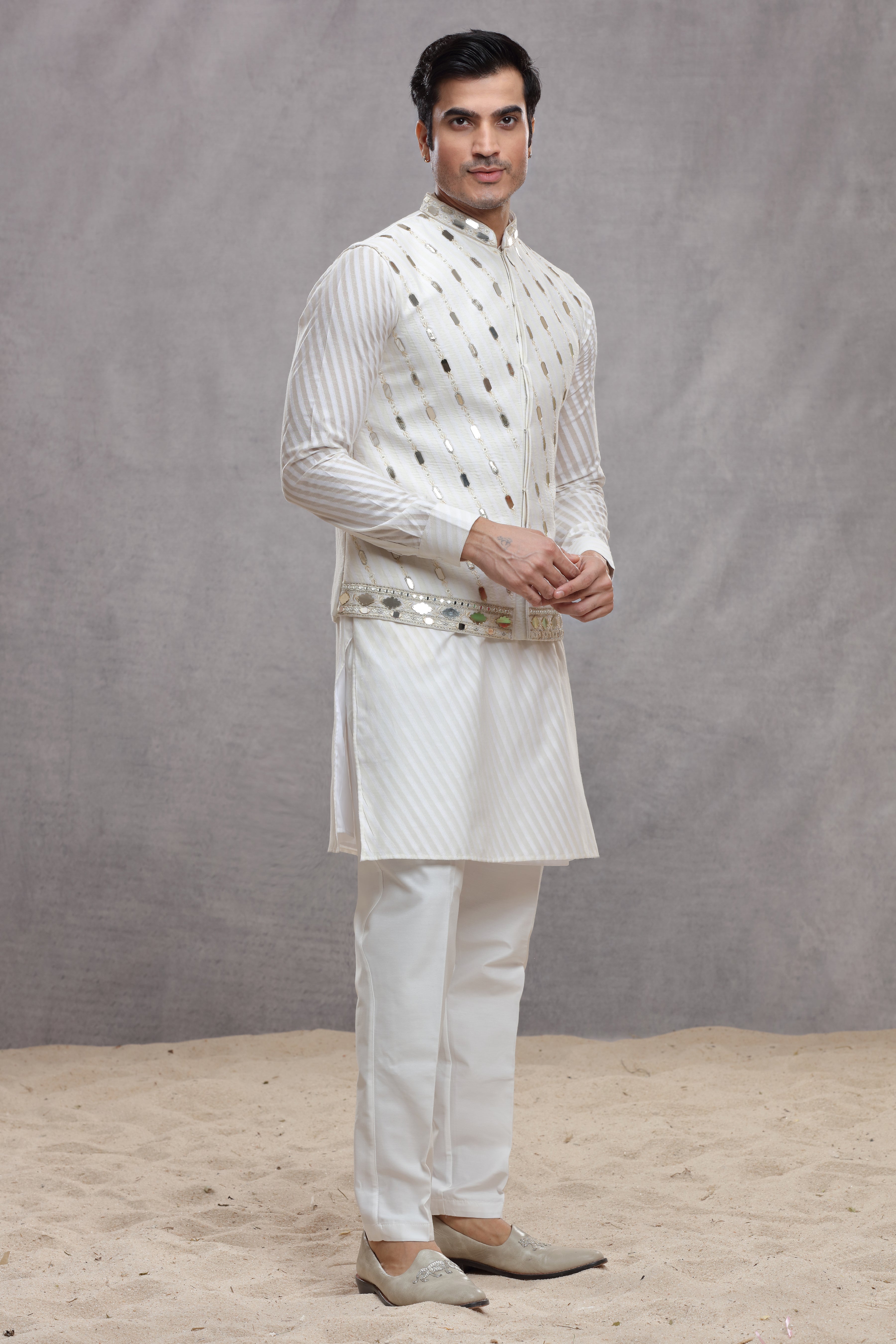 White Chanderi Silk Koti Kurta with Mirror Work