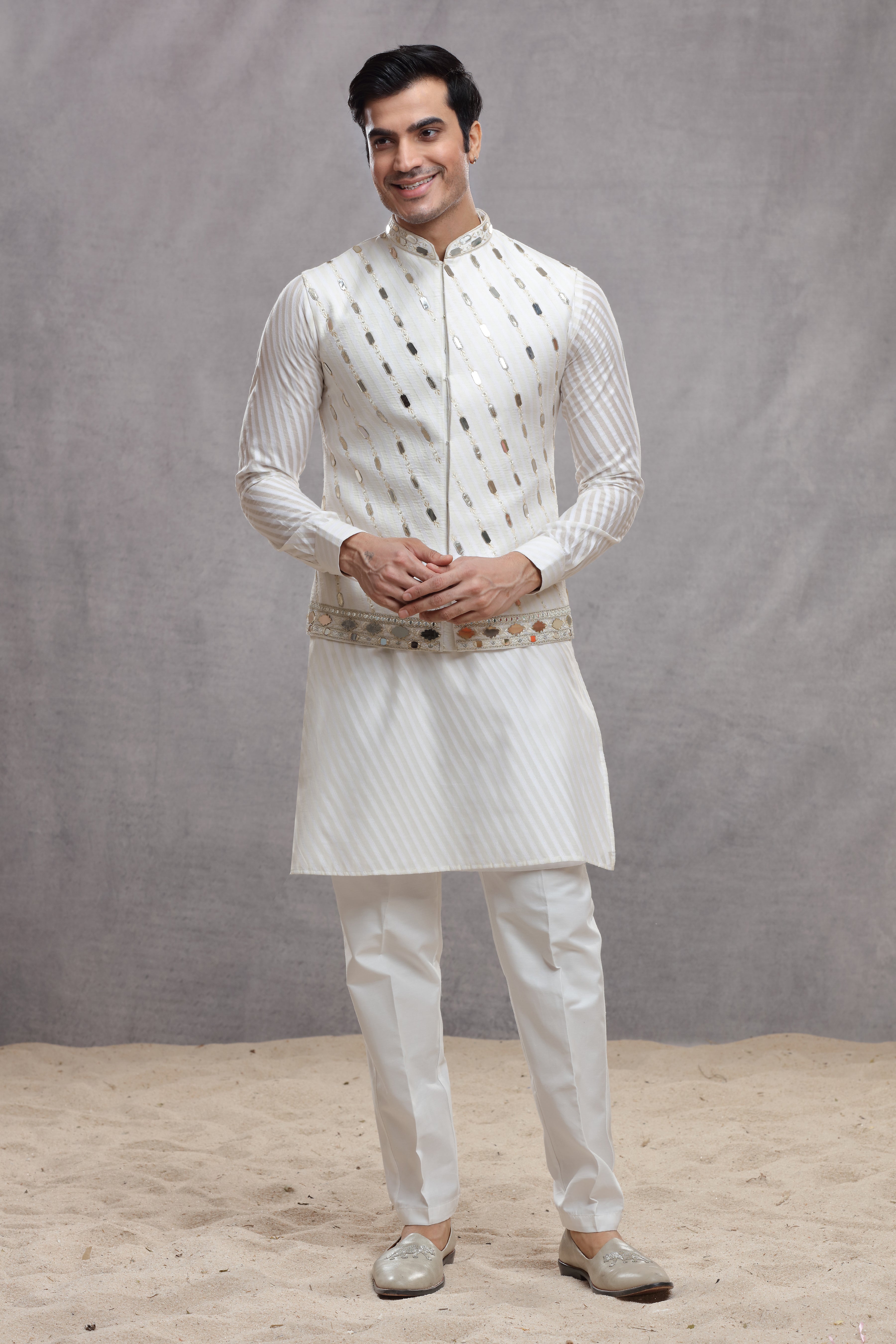 White Chanderi Silk Koti Kurta with Mirror Work