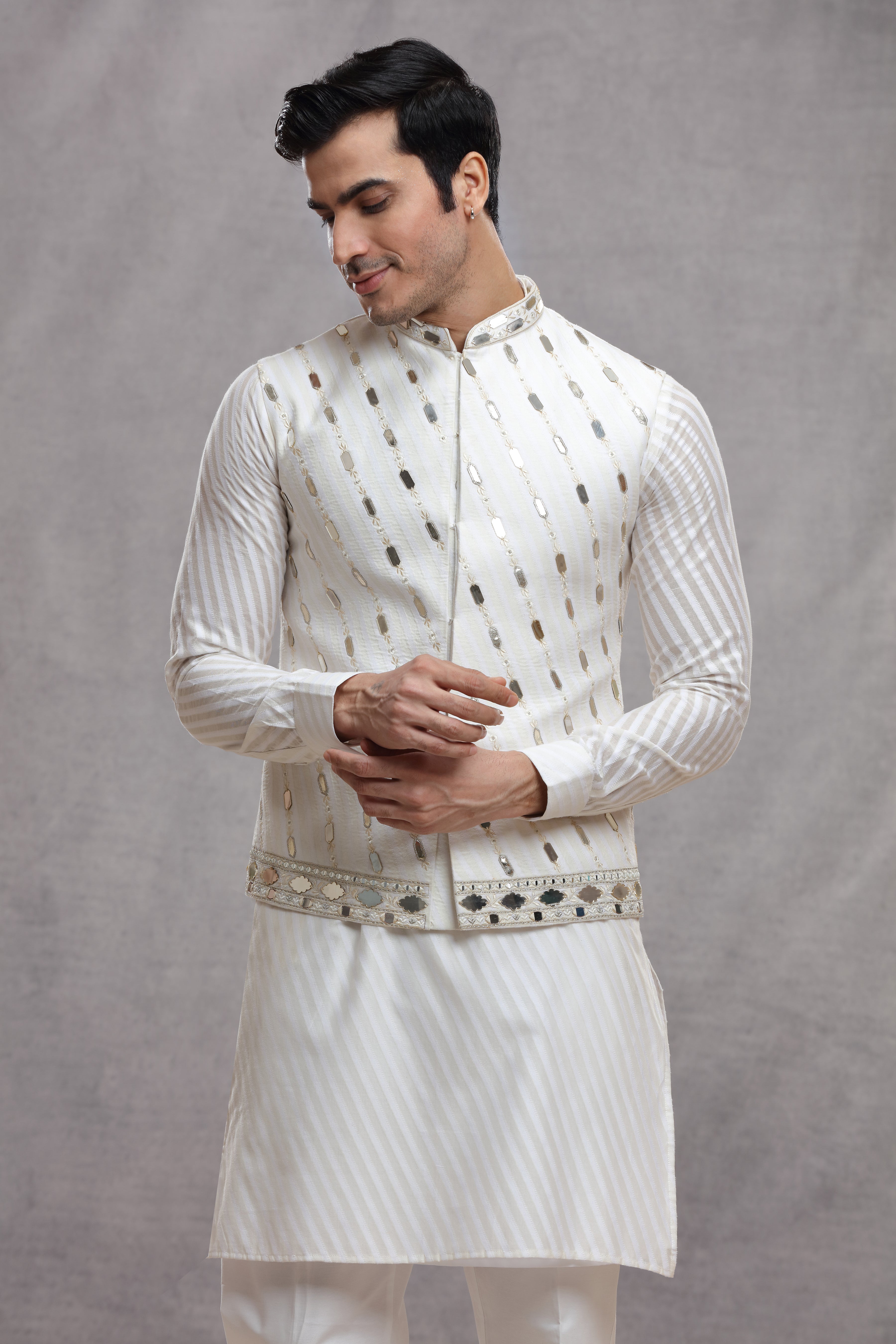 White Chanderi Silk Koti Kurta with Mirror Work