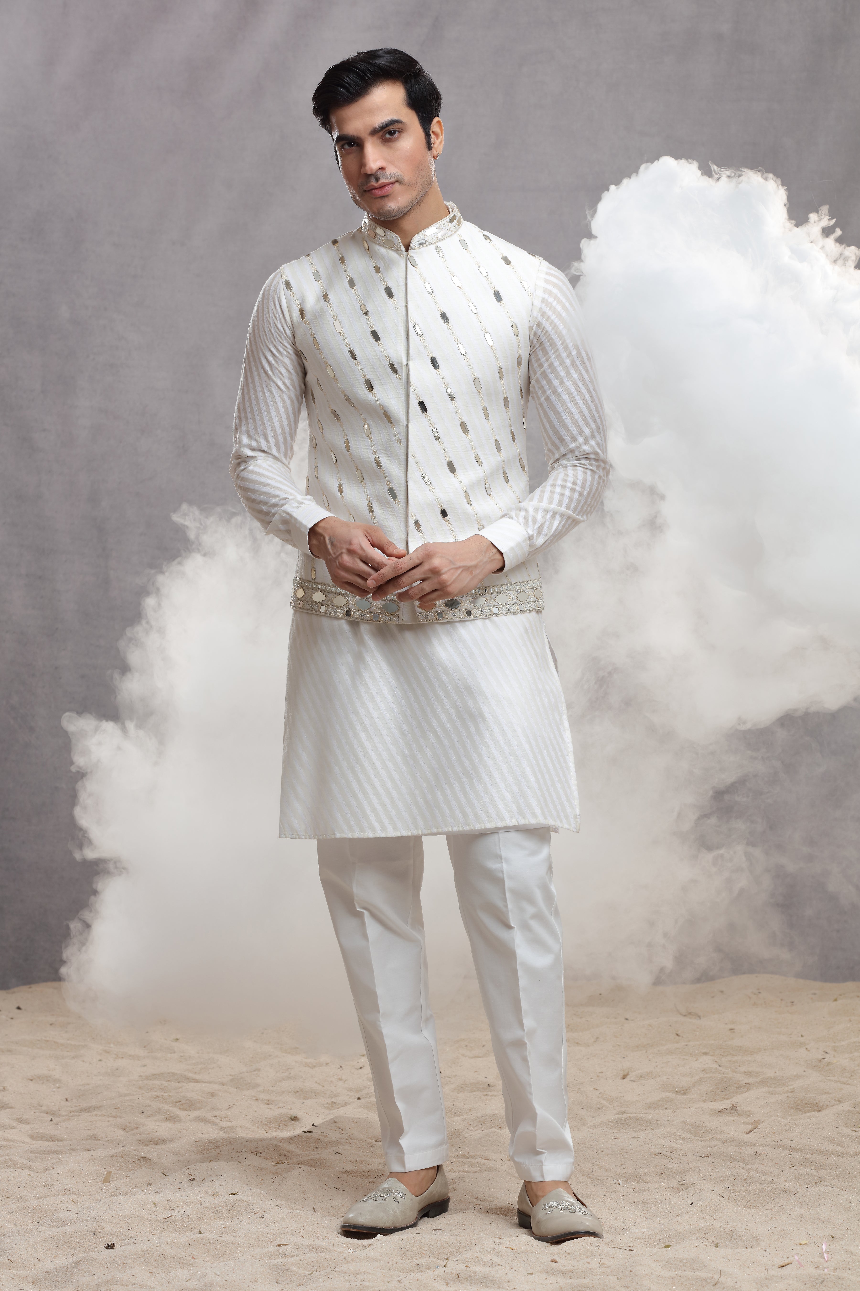 White Chanderi Silk Koti Kurta with Mirror Work