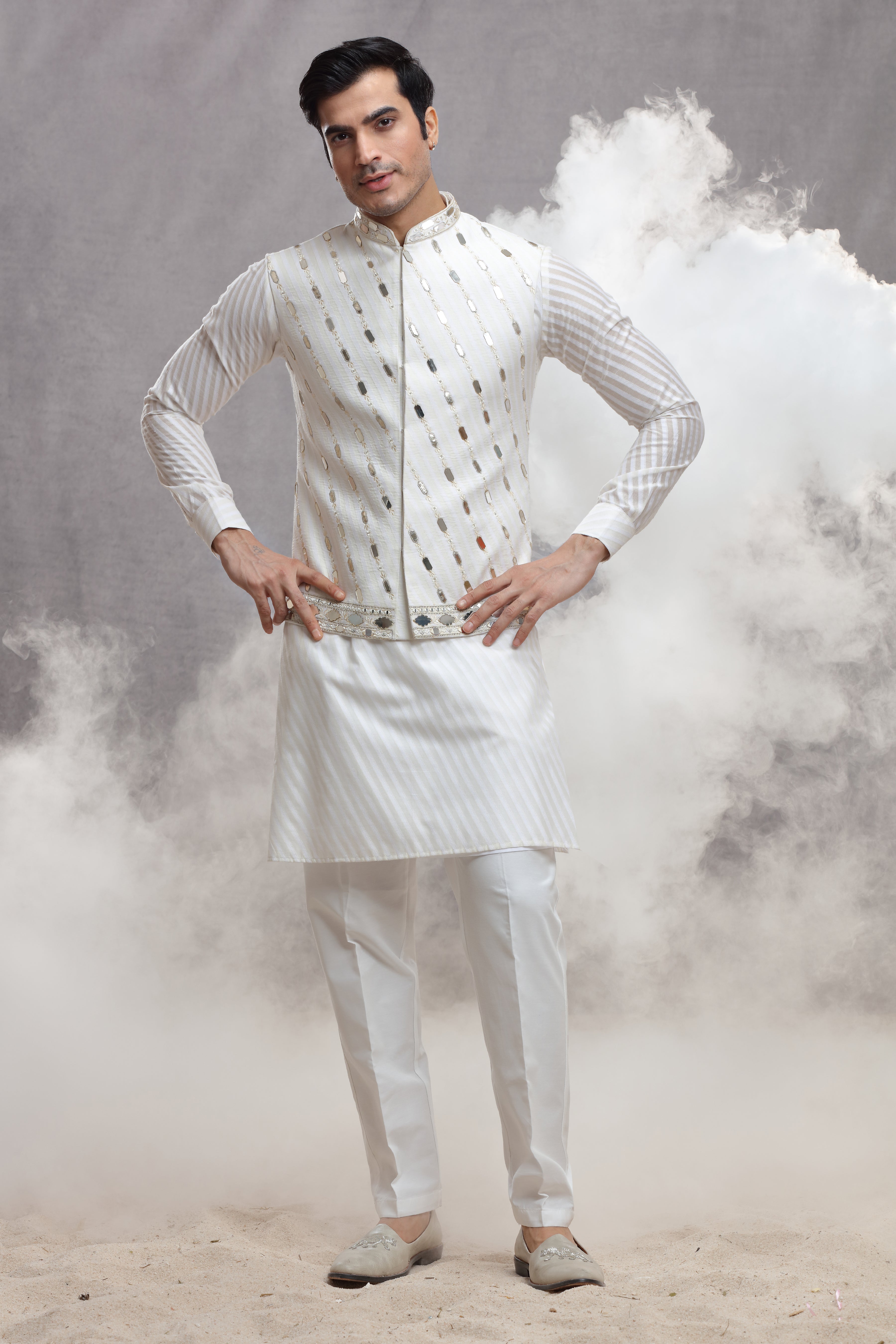 White Chanderi Silk Koti Kurta with Mirror Work