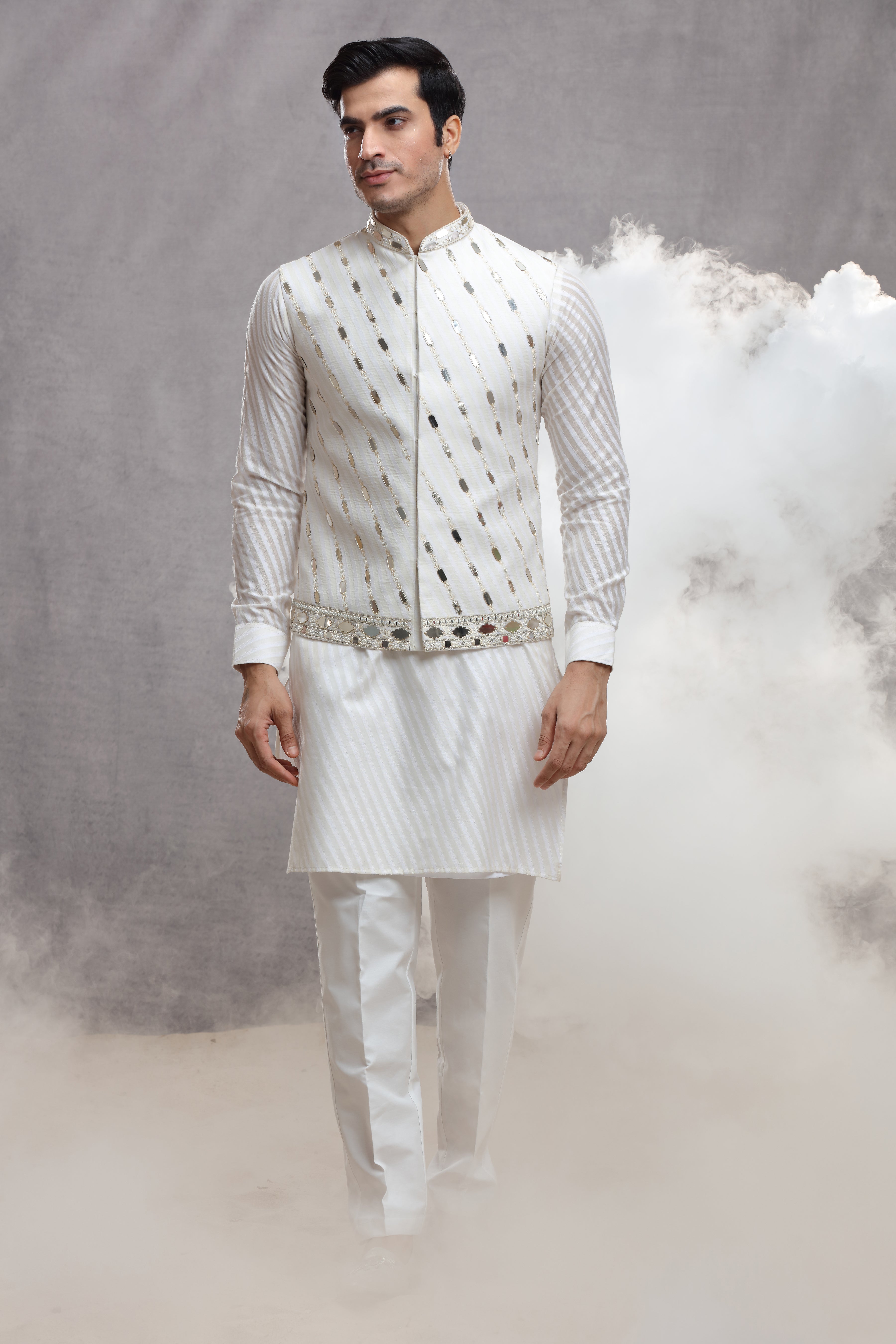 White Chanderi Silk Koti Kurta with Mirror Work