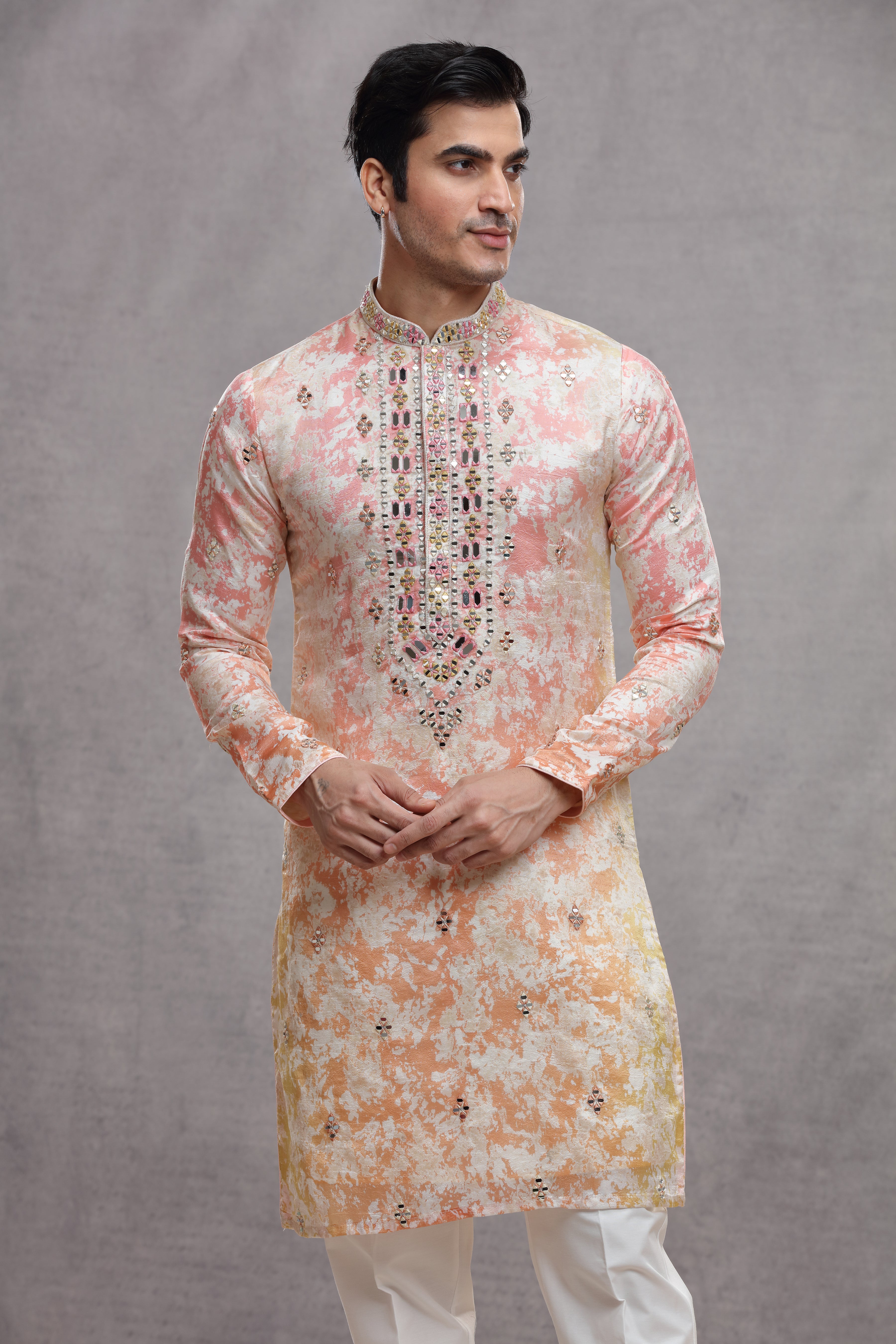 Tie and Dye Ombre Silk Kurta with Mirror Work