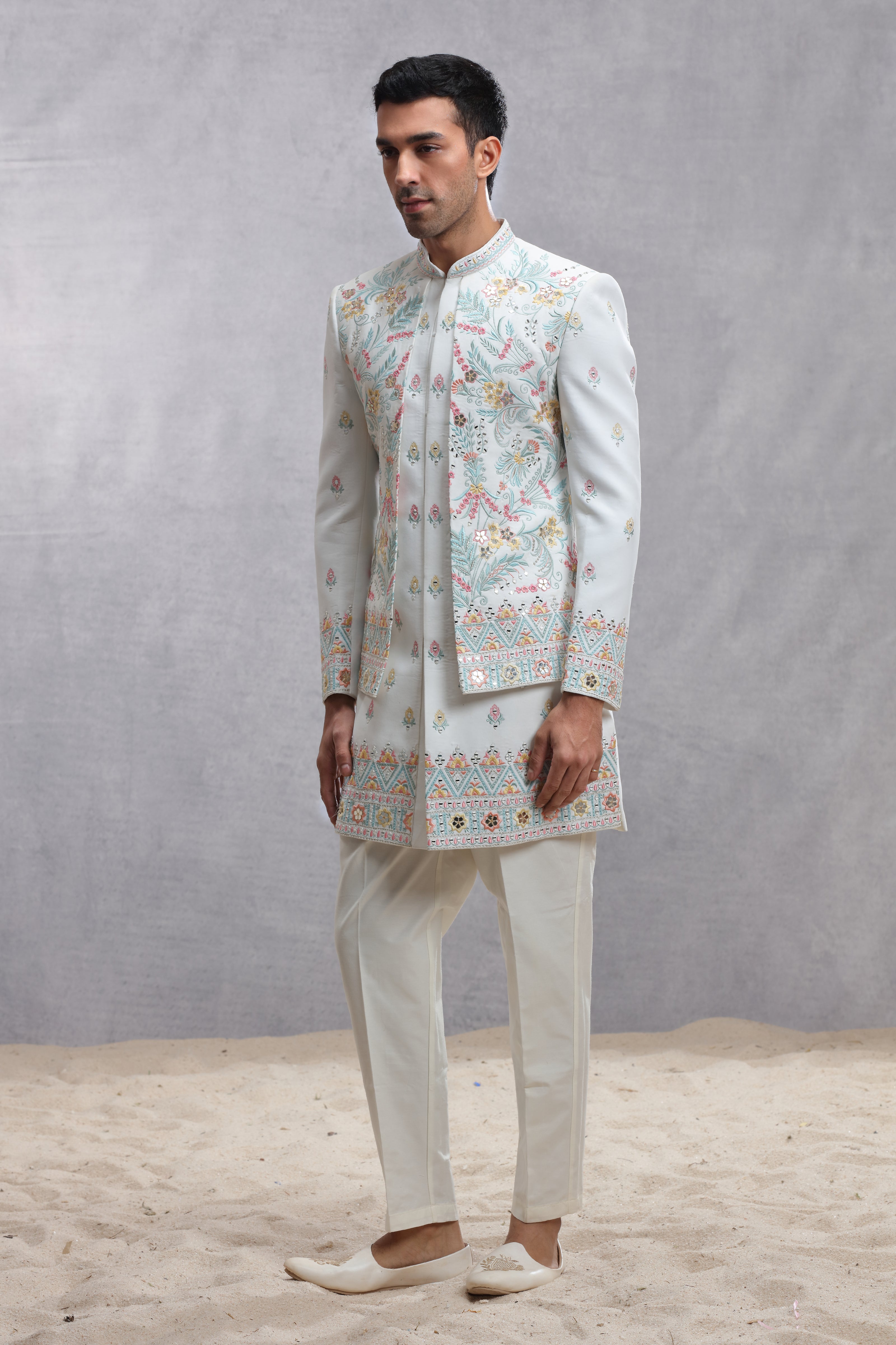 GREEN RAW SILK EMBROIDERY WORK INDO WESTERN