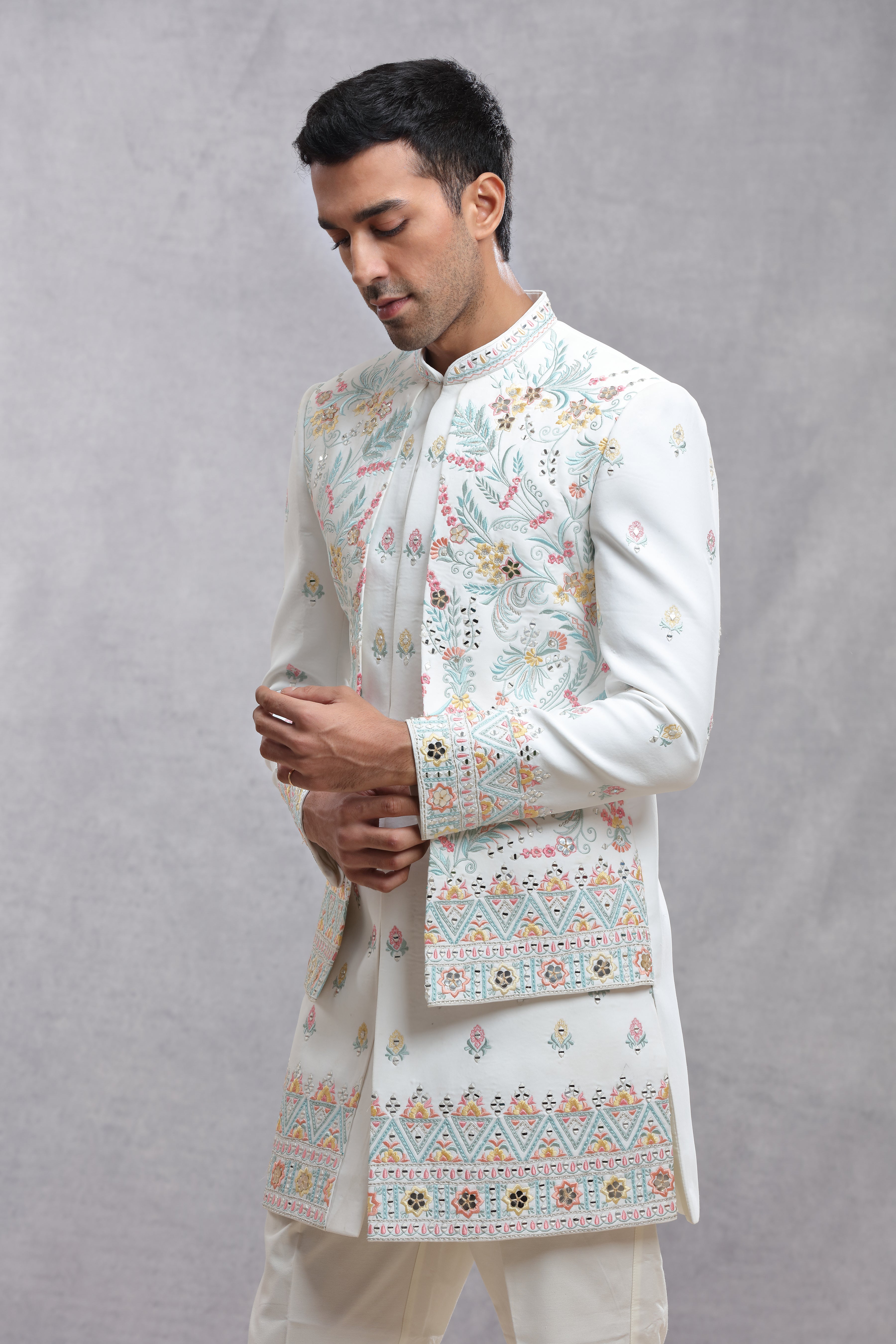 Ivory Raw Silk Indo Western with Thread Work & Mirror