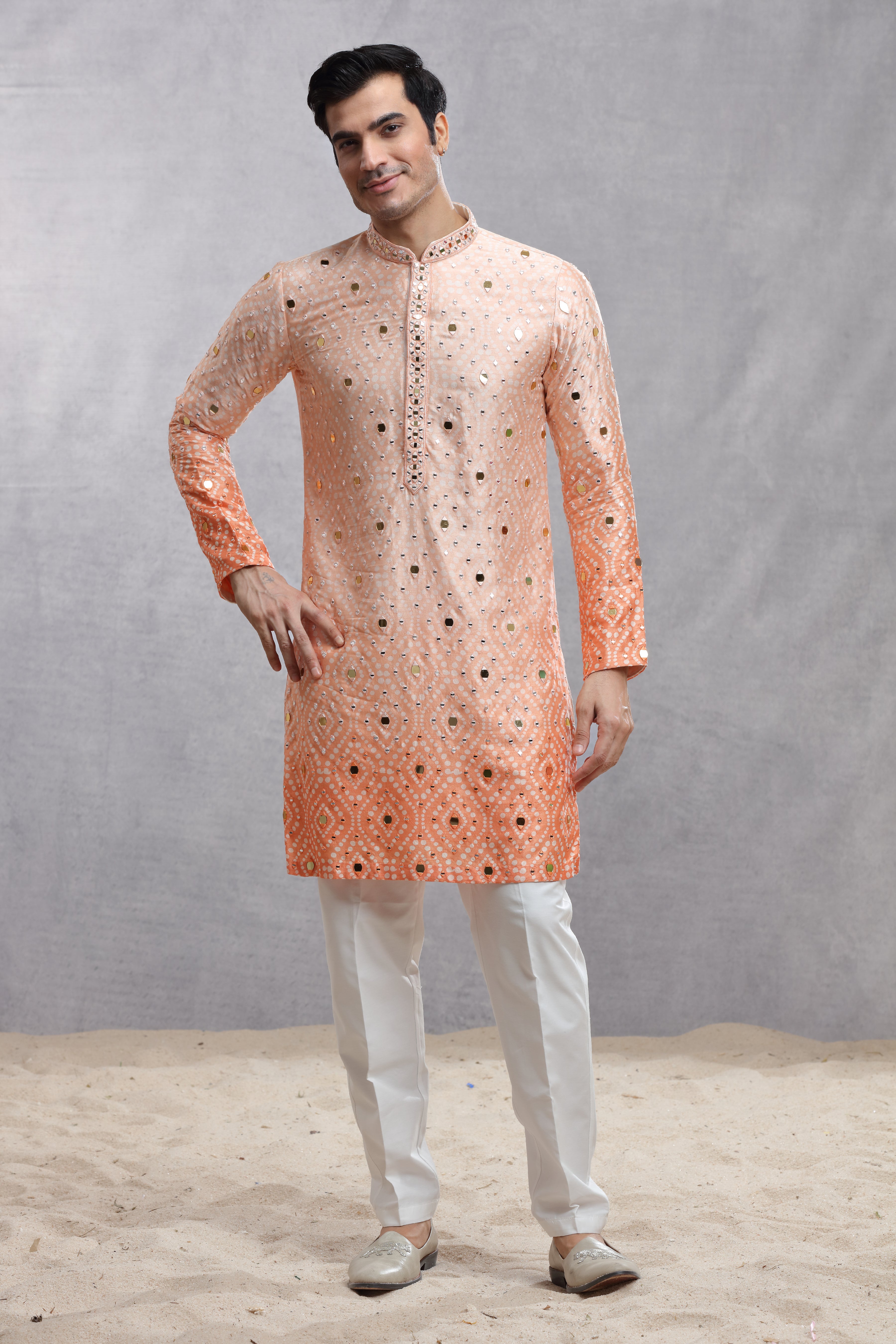 Ombre Dye Silk Kurta with Mirror Work