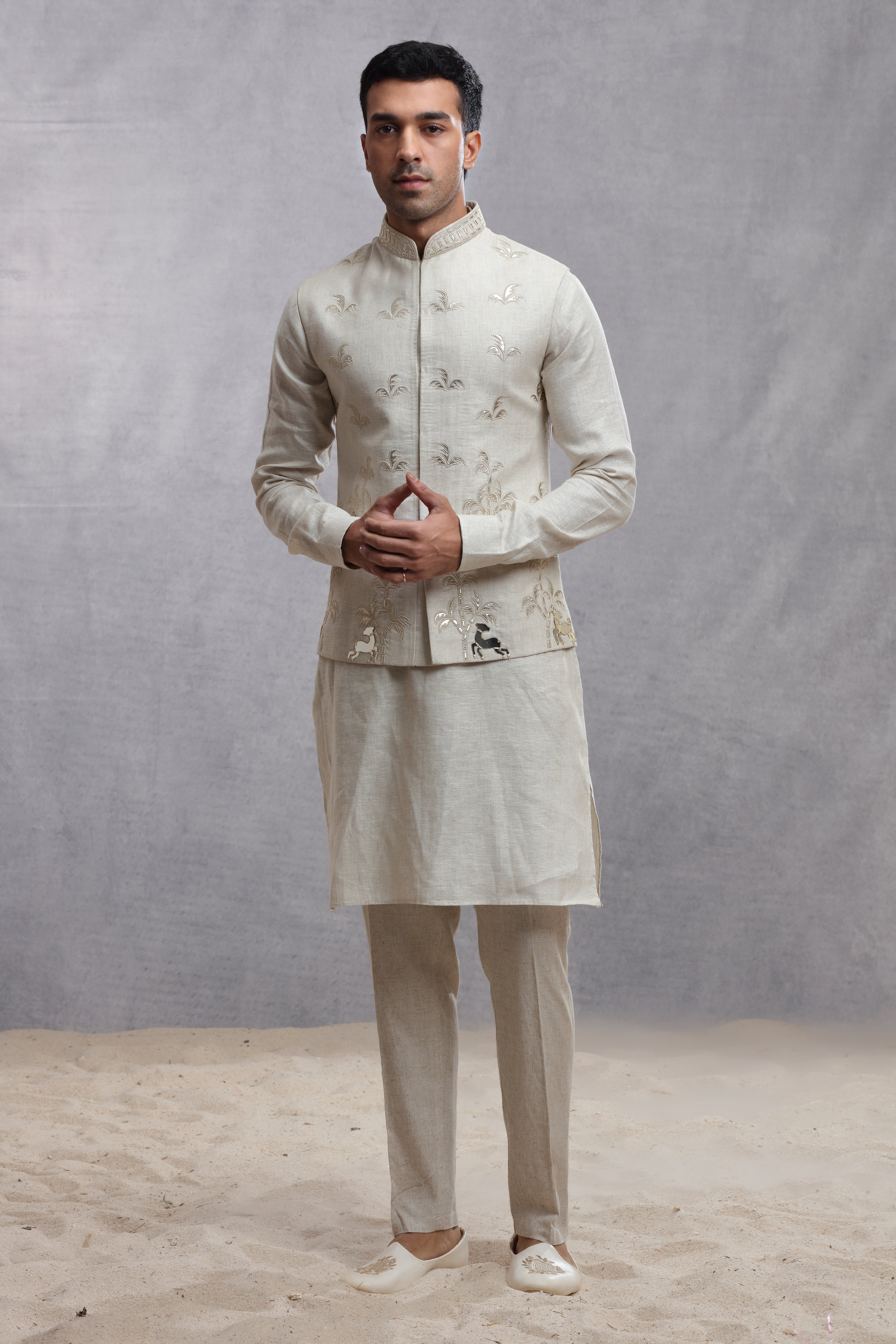 Ivory Silk Koti Kurta with Applique Work