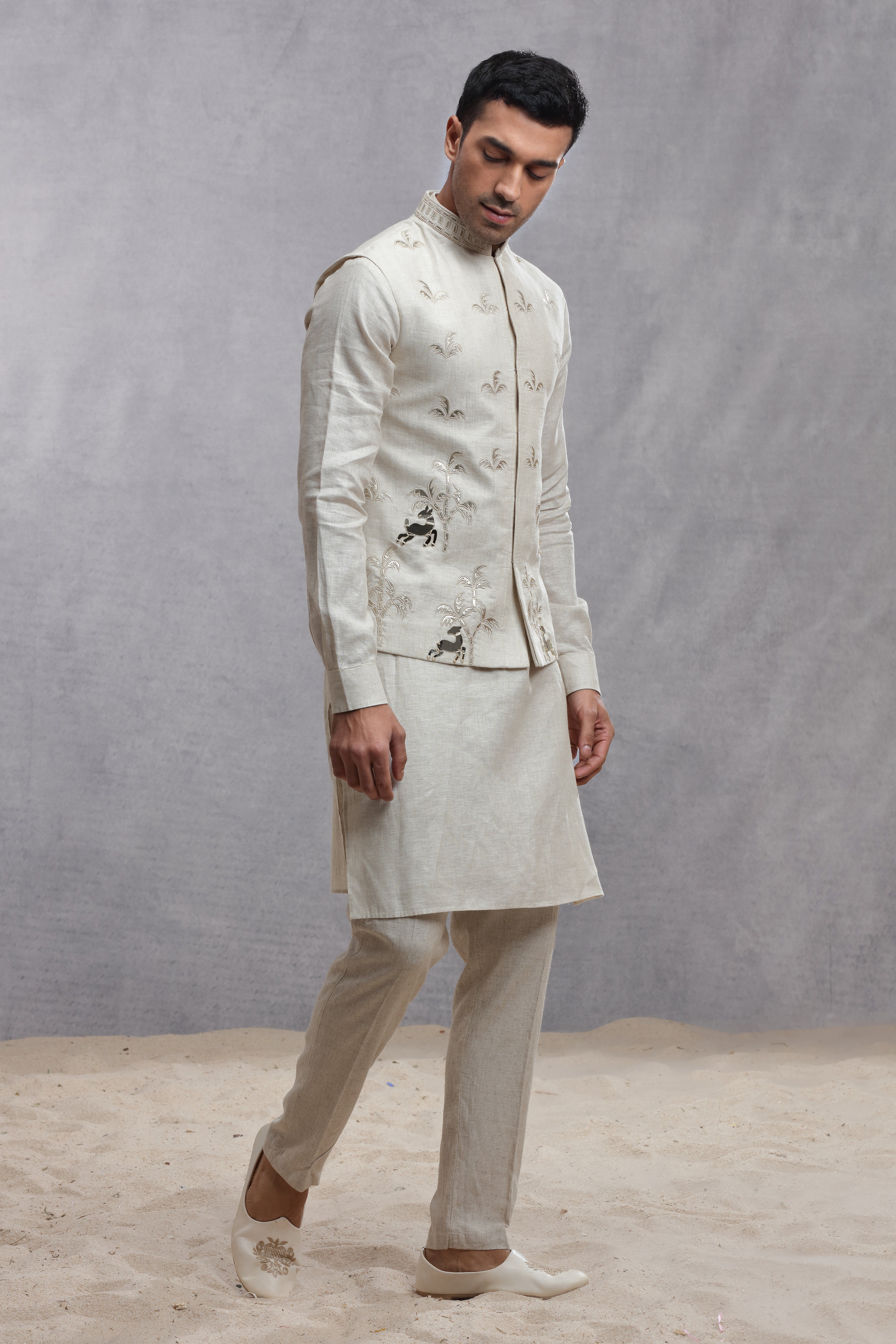 Ivory Silk Koti Kurta with Applique Work