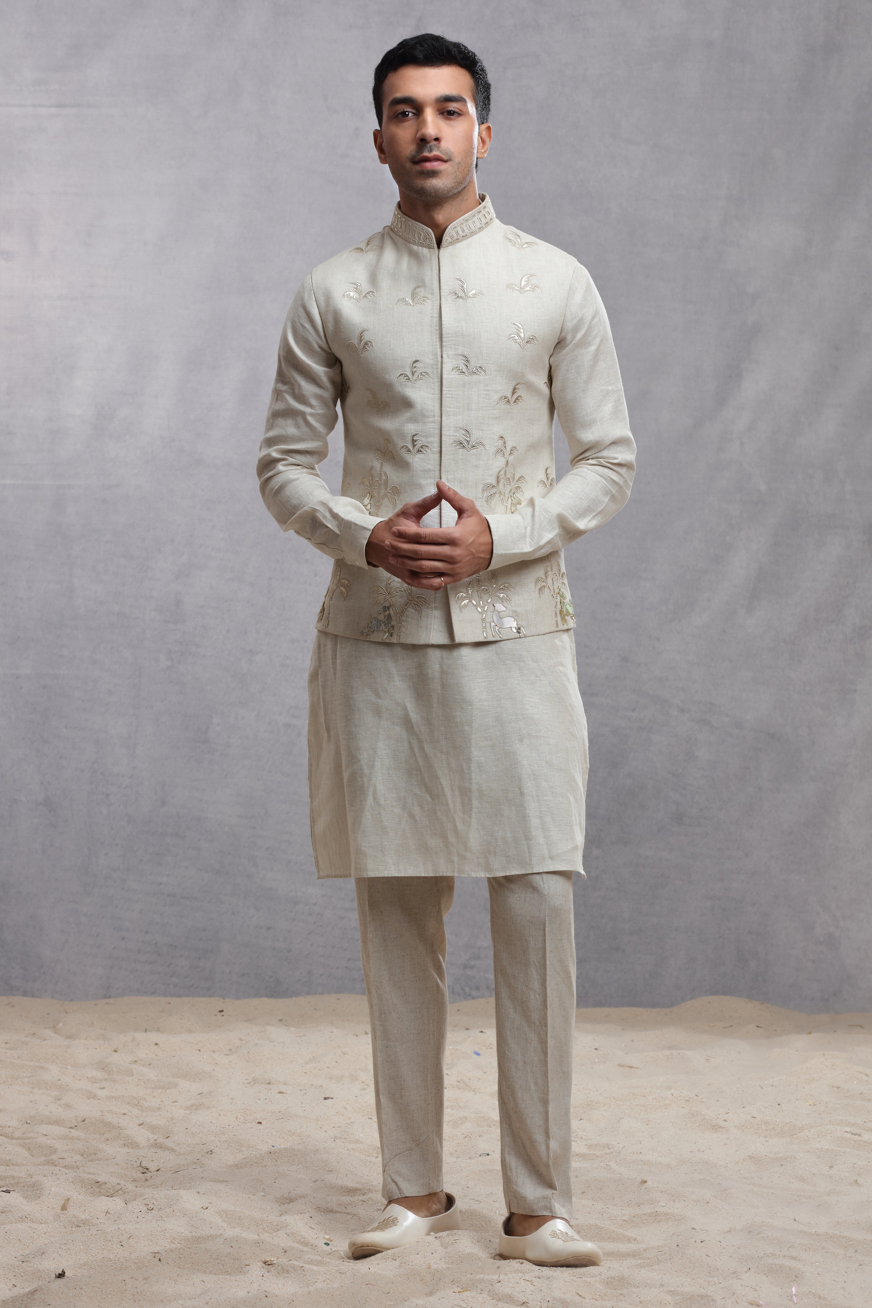 Ivory Silk Koti Kurta with Applique Work