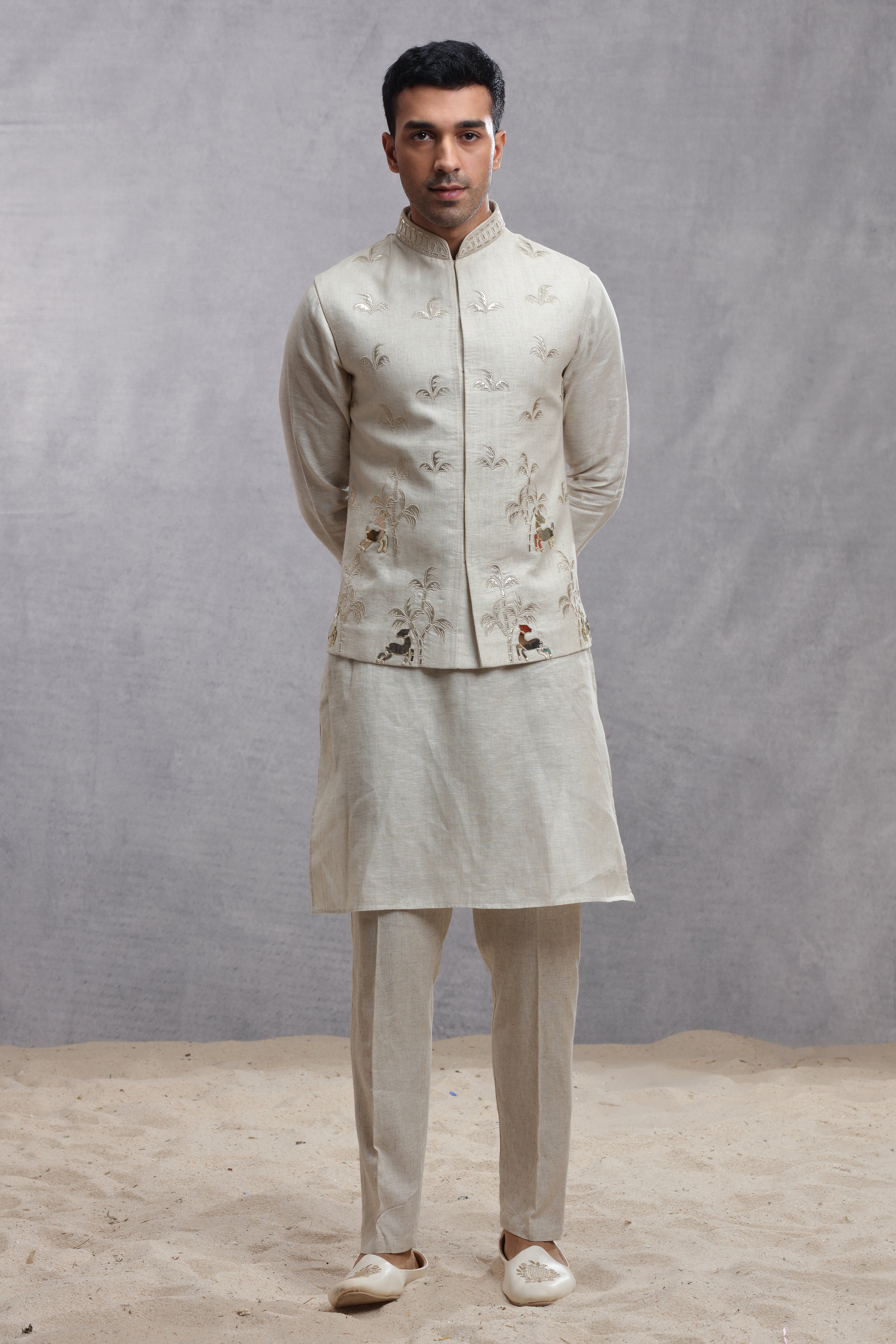 Ivory Silk Koti Kurta with Applique Work