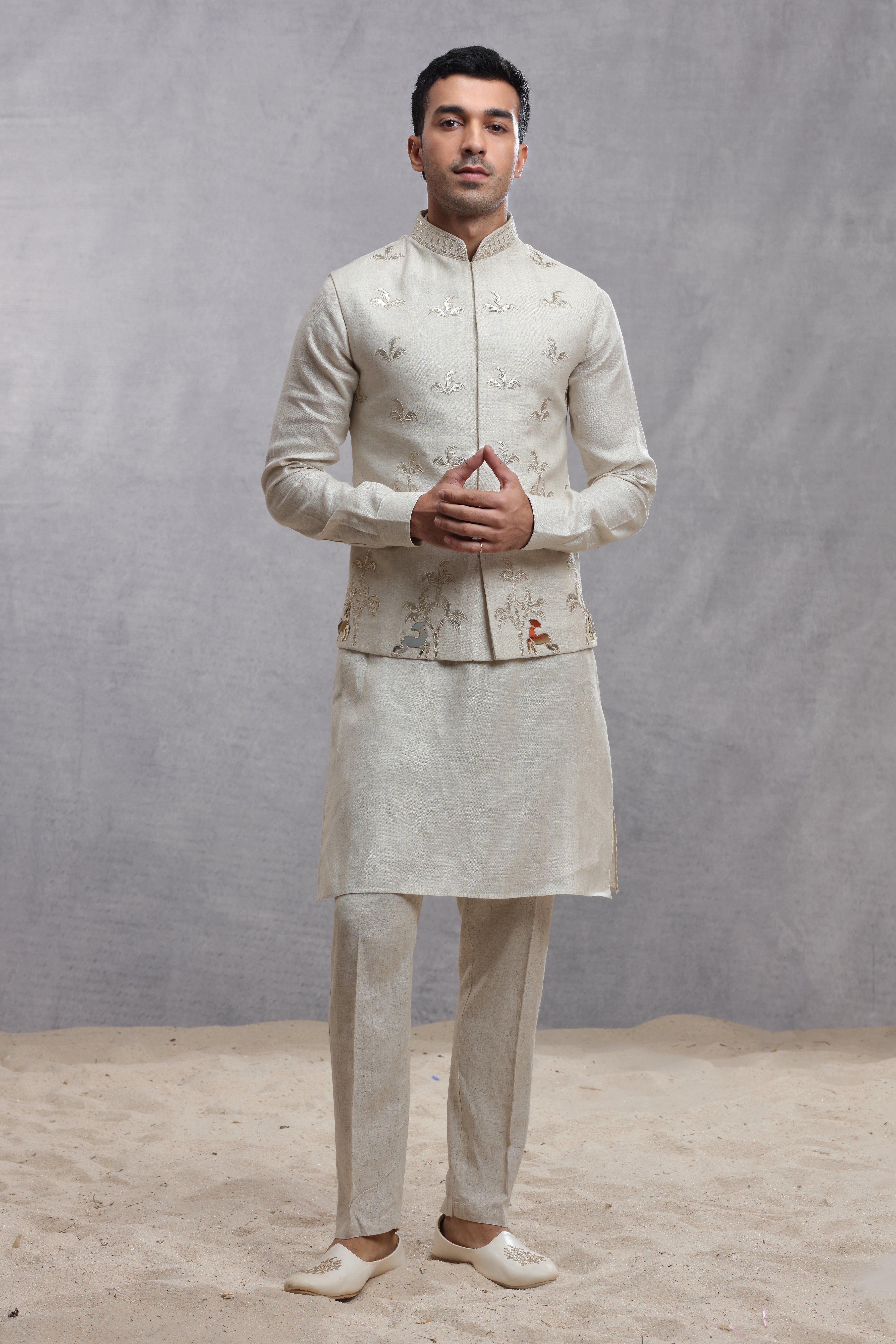 Ivory Silk Koti Kurta with Applique Work