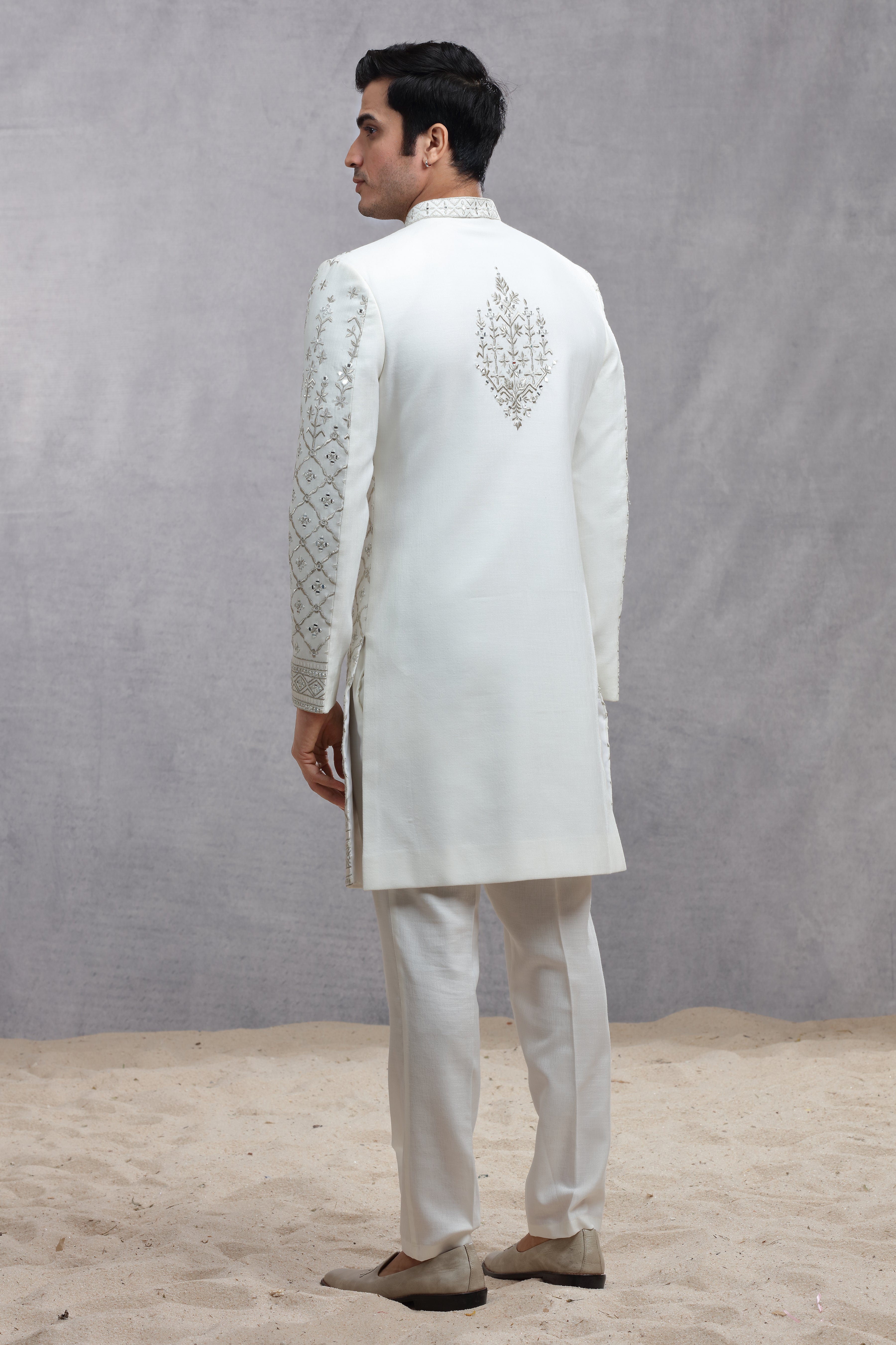 Ivory Raw Silk Sherwani with Silver Thread Work & Mirror