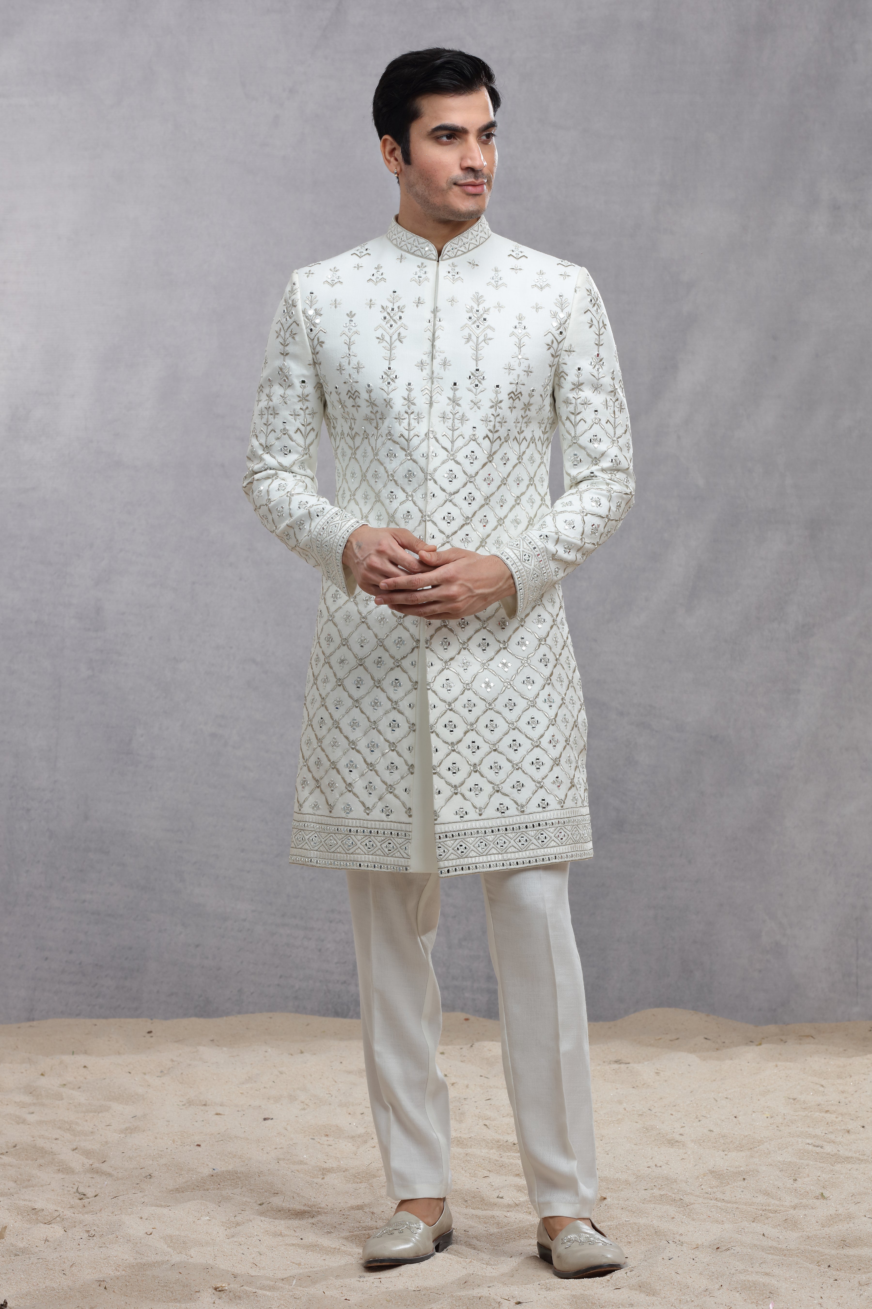 Ivory Raw Silk Sherwani with Silver Thread Work & Mirror