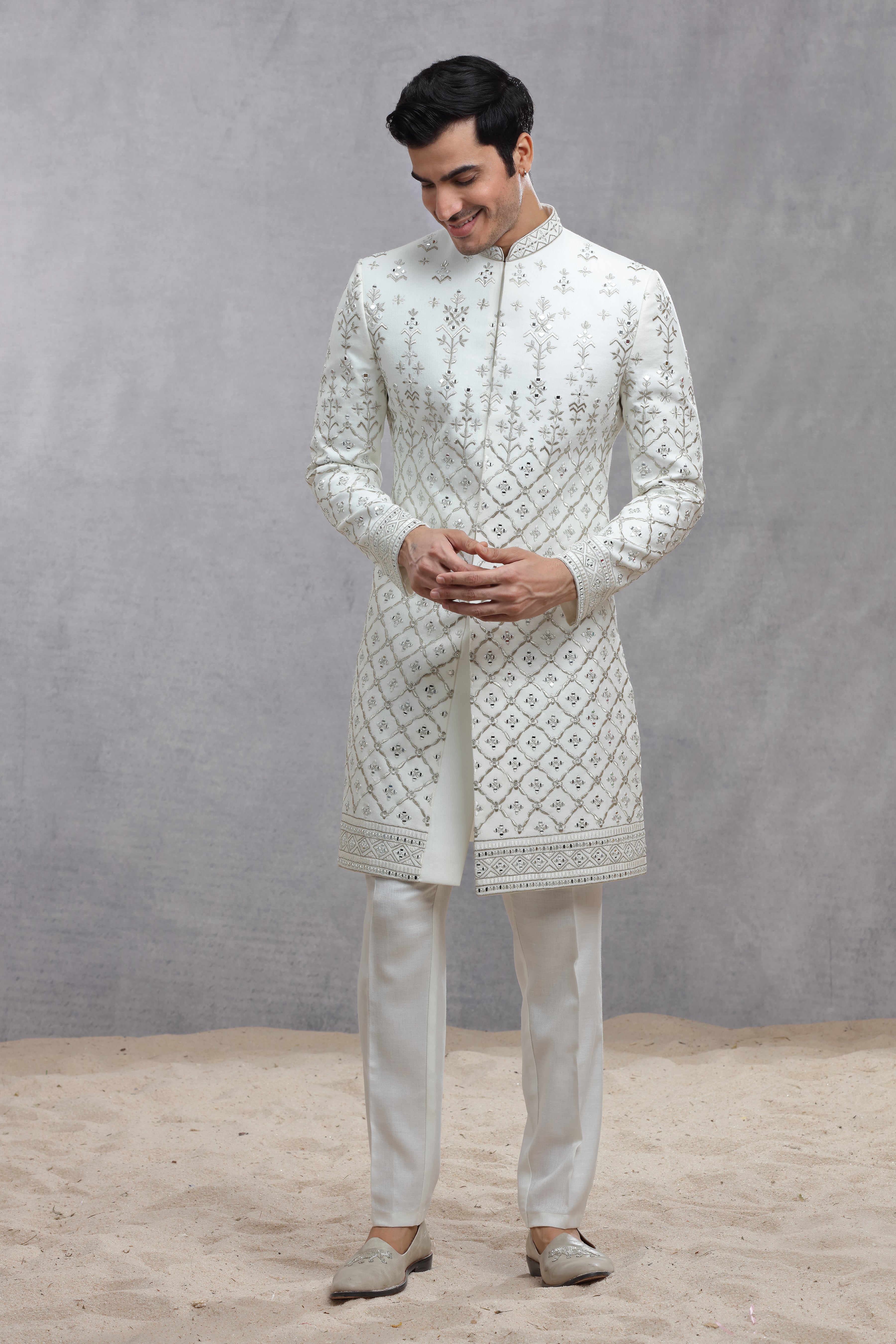 Ivory Raw Silk Sherwani with Silver Thread Work & Mirror