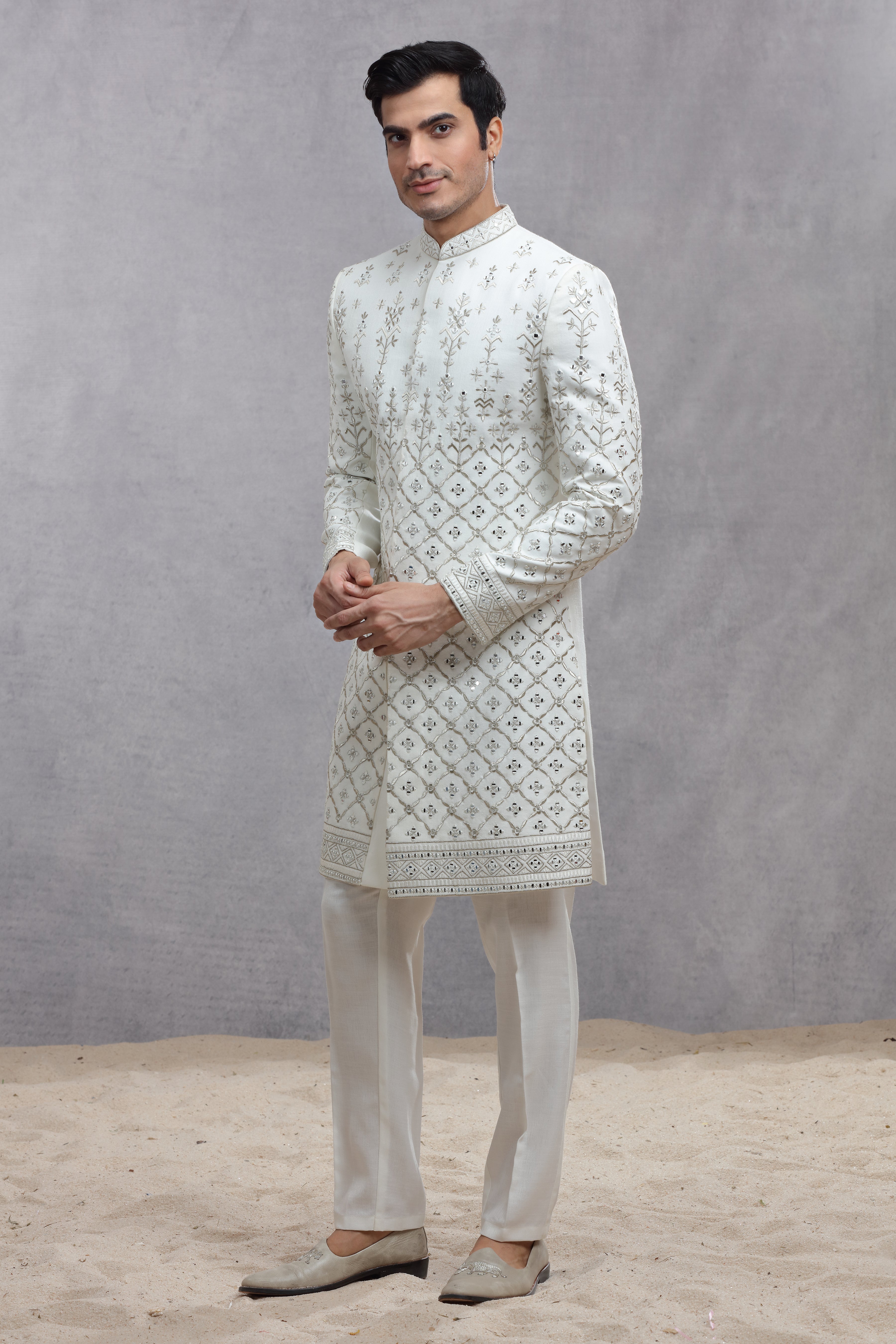 Ivory Raw Silk Sherwani with Silver Thread Work & Mirror