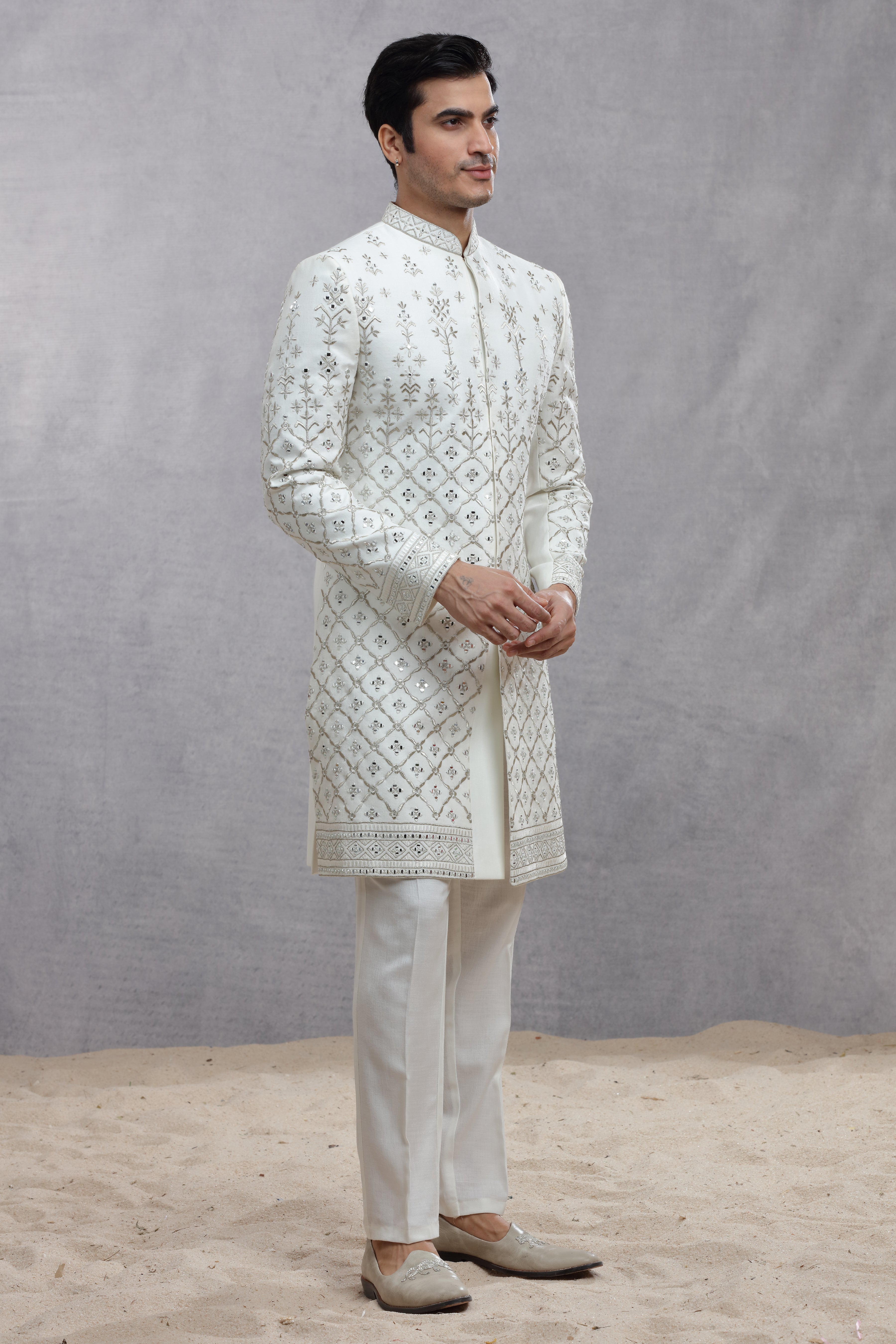 Ivory Raw Silk Sherwani with Silver Thread Work & Mirror