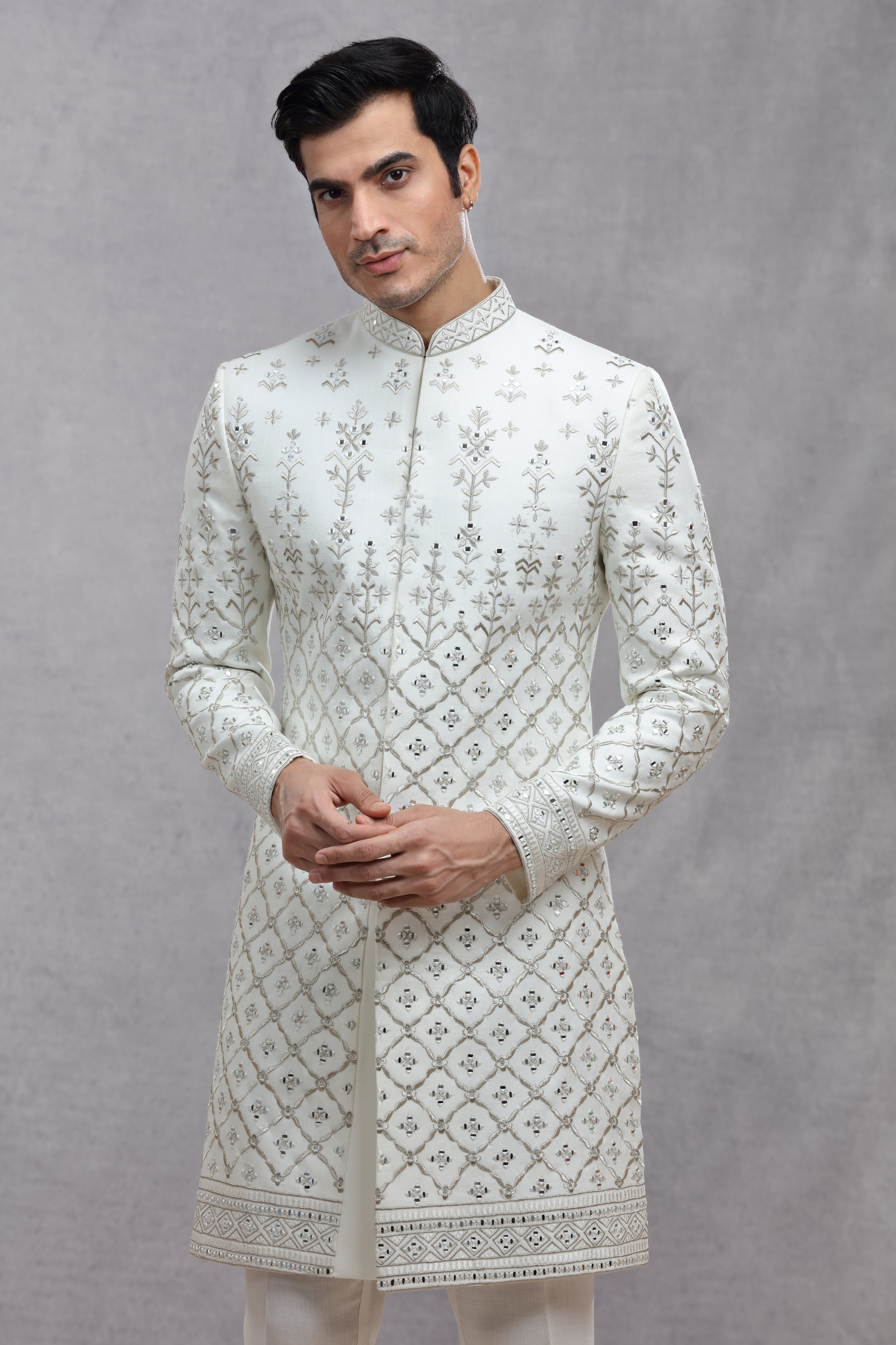 Ivory Raw Silk Sherwani with Silver Thread Work & Mirror