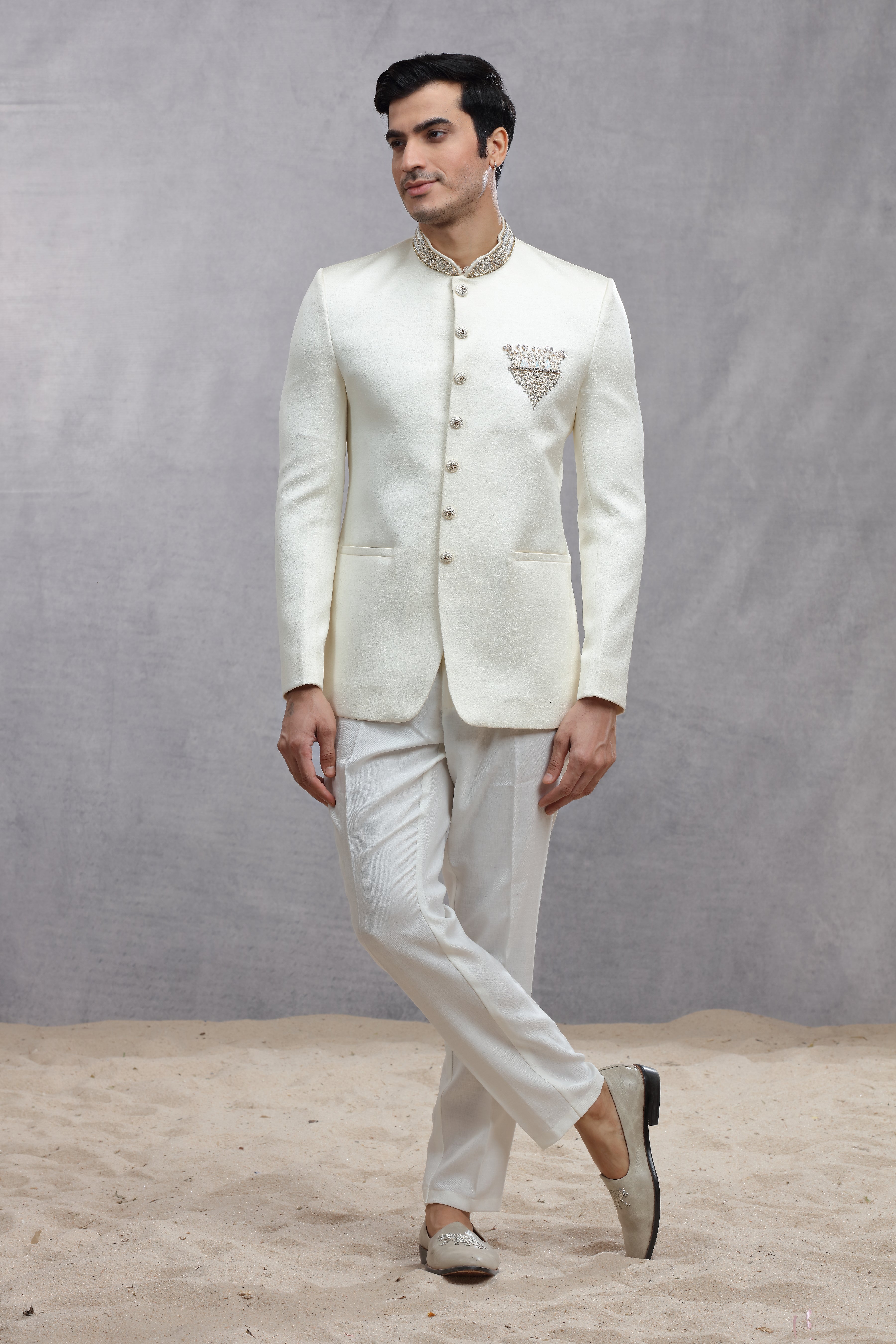 Ivory Raw Silk Jodhpuri Suit with Zardosi Work