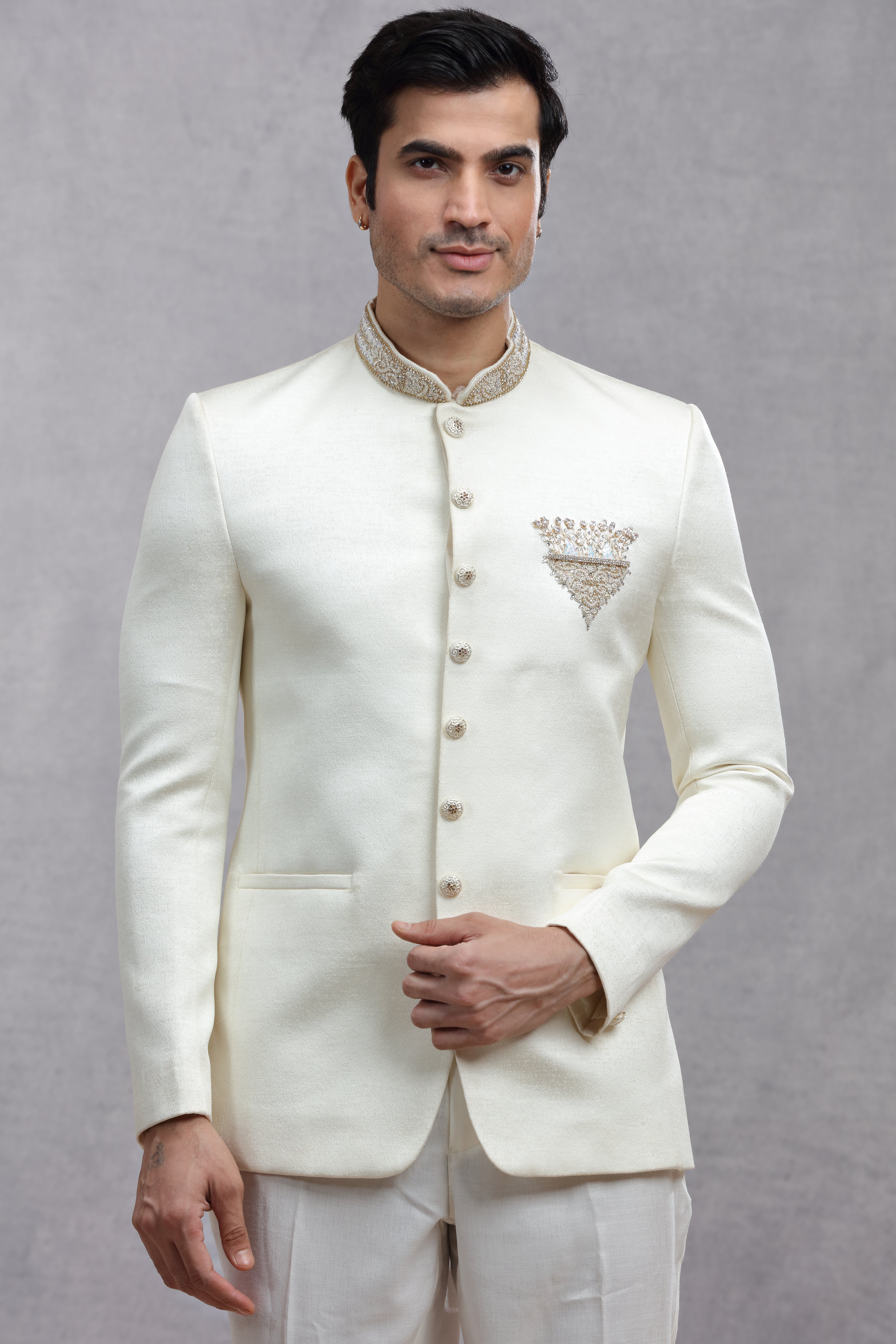 Ivory Raw Silk Jodhpuri Suit with Zardosi Work