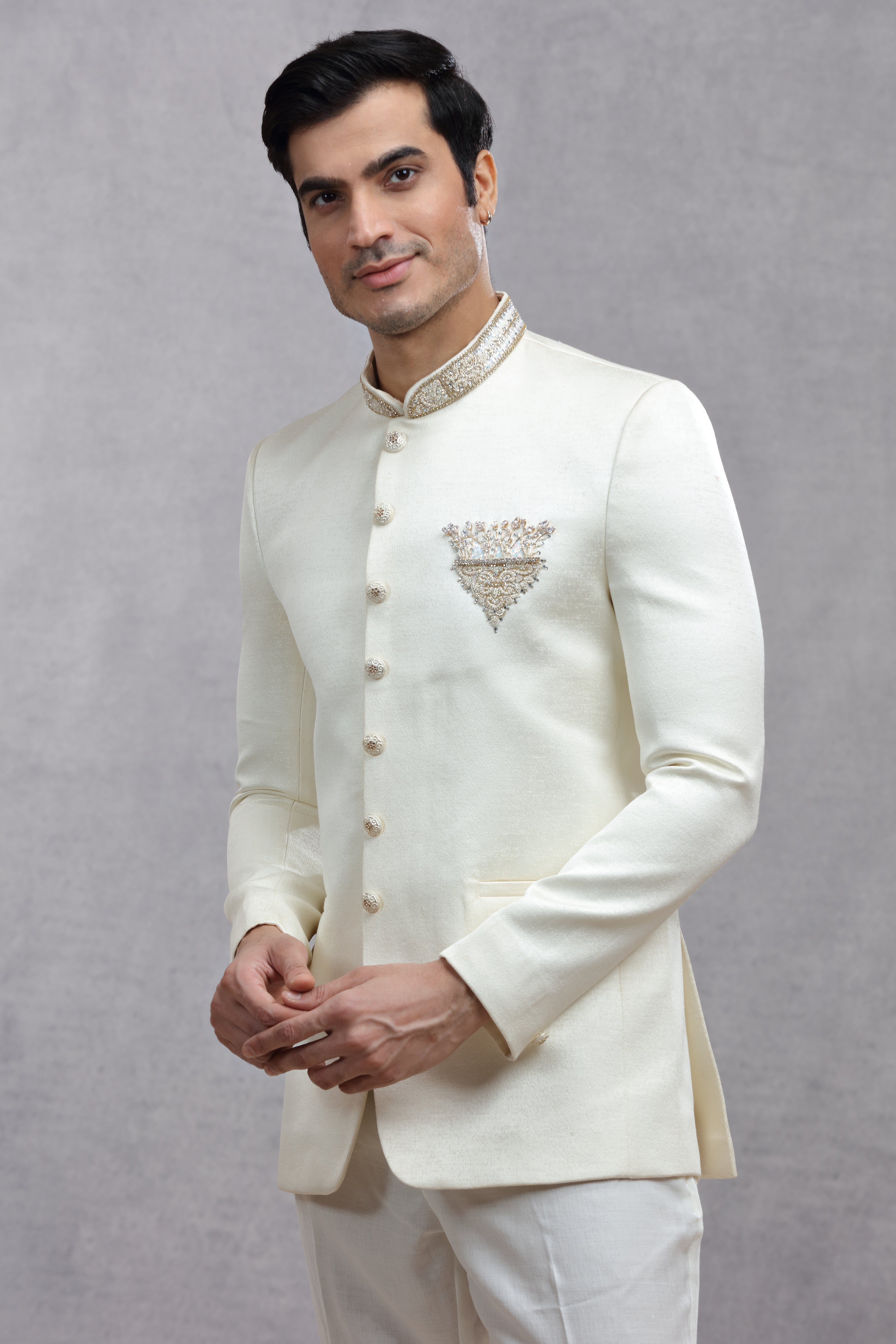 Ivory Raw Silk Jodhpuri Suit with Zardosi Work