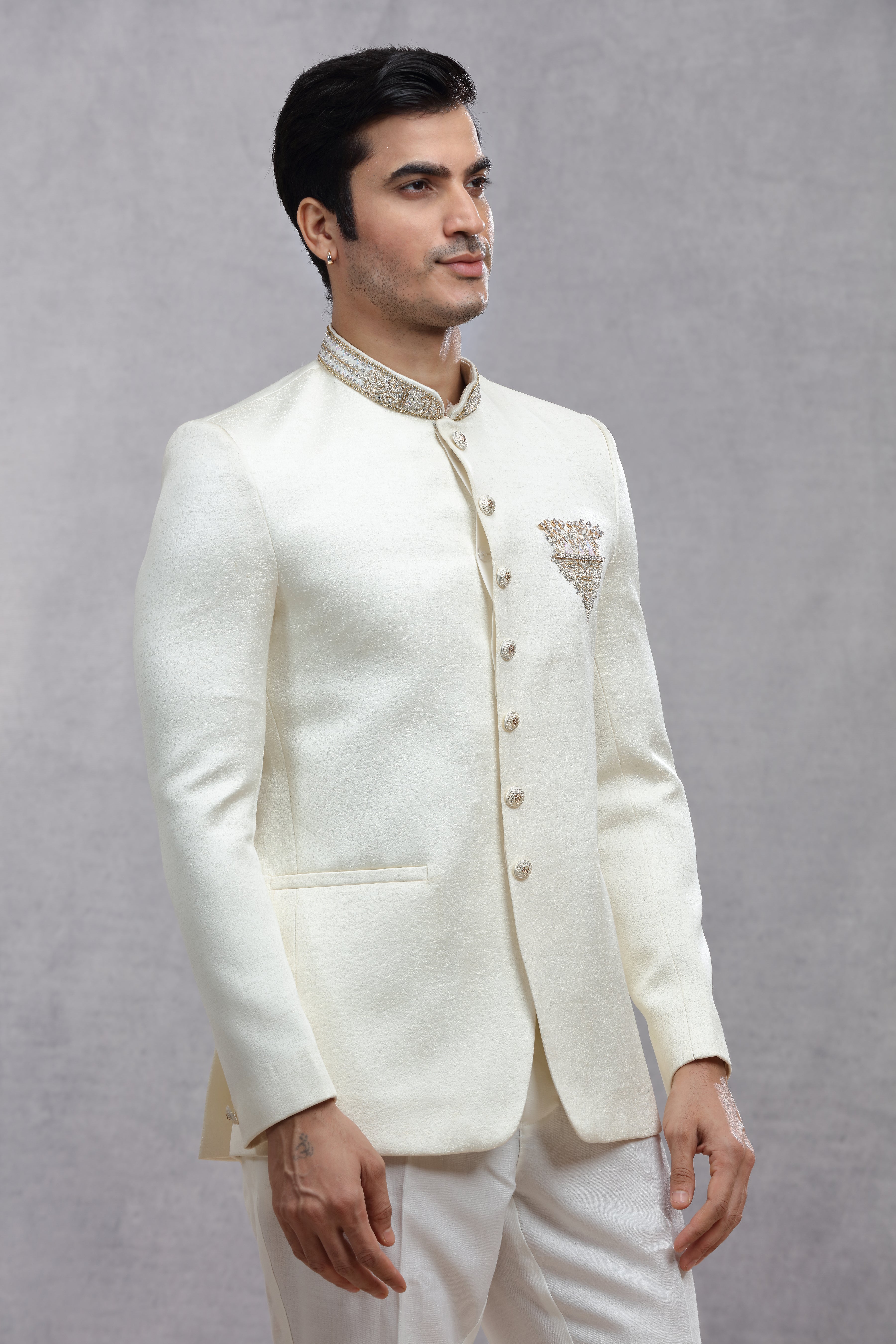 Ivory Raw Silk Jodhpuri Suit with Zardosi Work