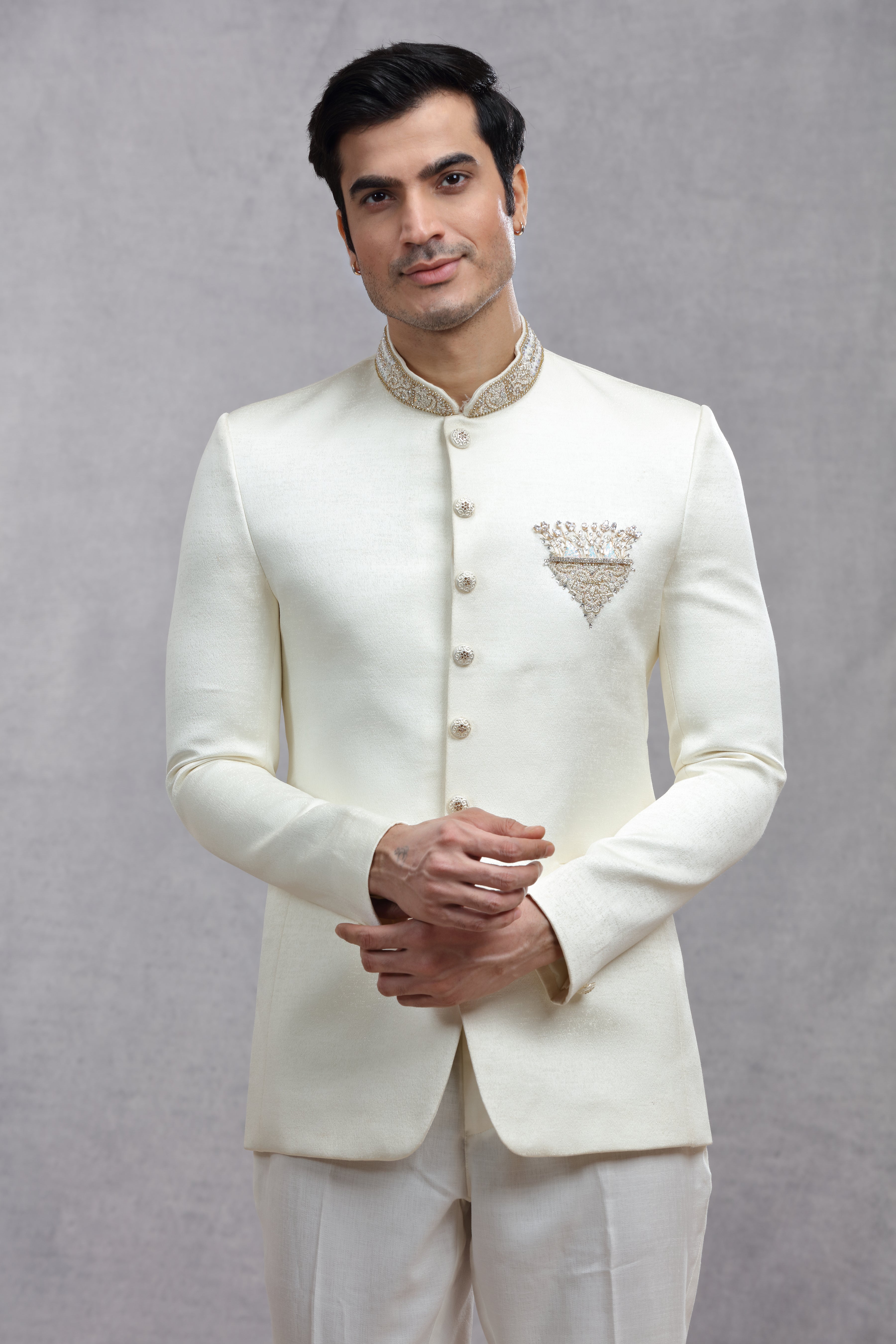 Ivory Raw Silk Jodhpuri Suit with Zardosi Work