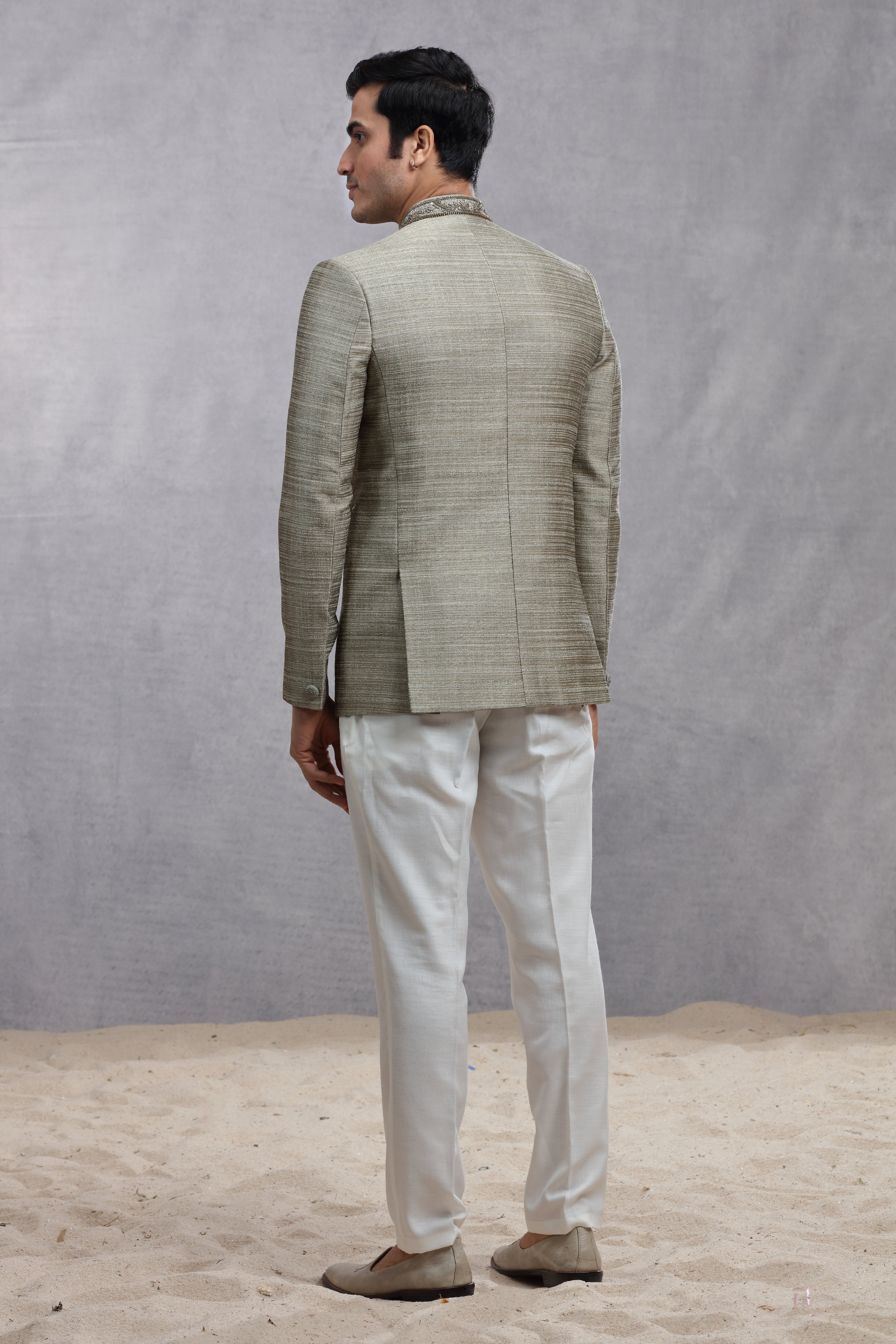 Grey Raw Silk Jodhpuri Suit with Jardoji Work