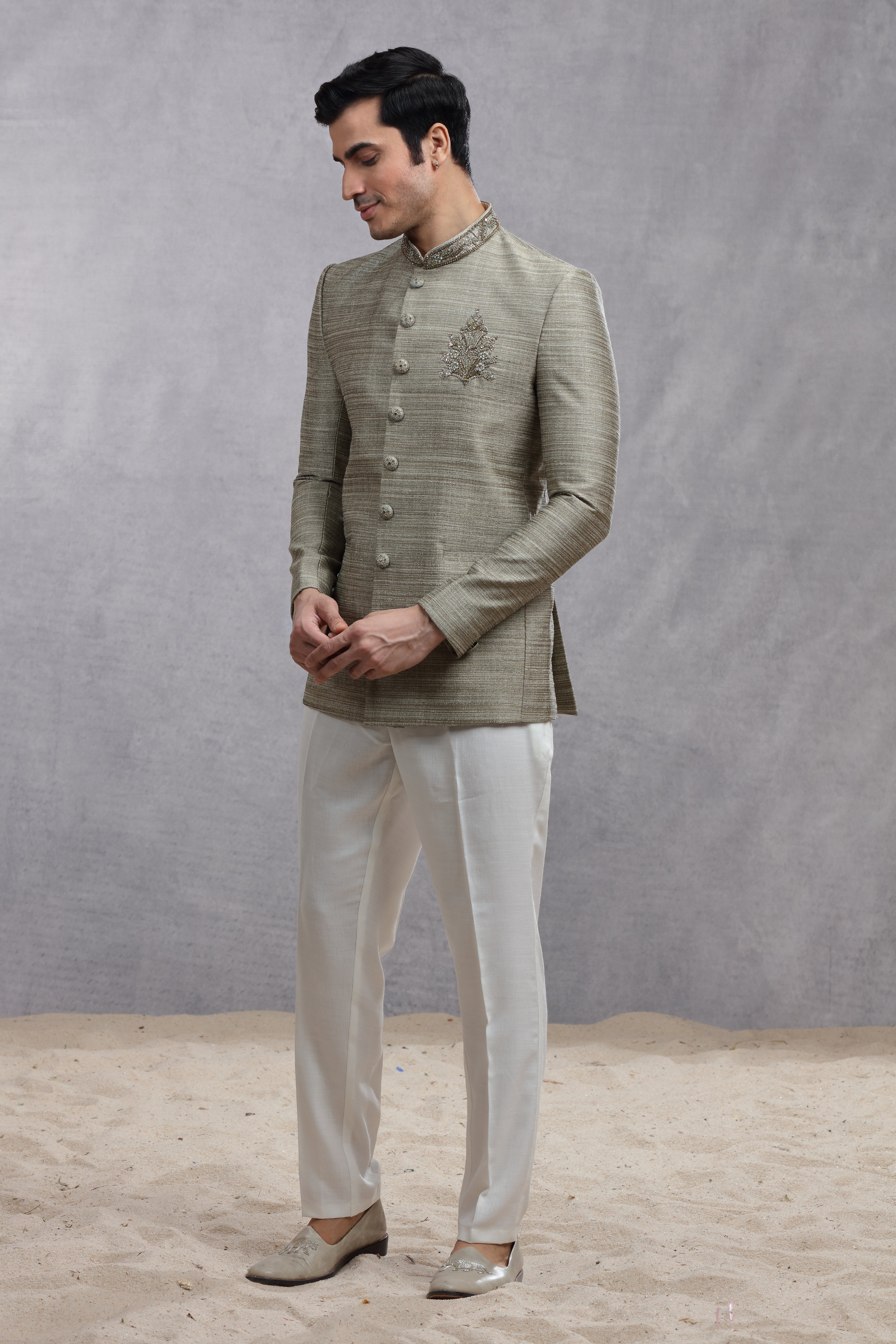 Grey Raw Silk Jodhpuri Suit with Jardoji Work