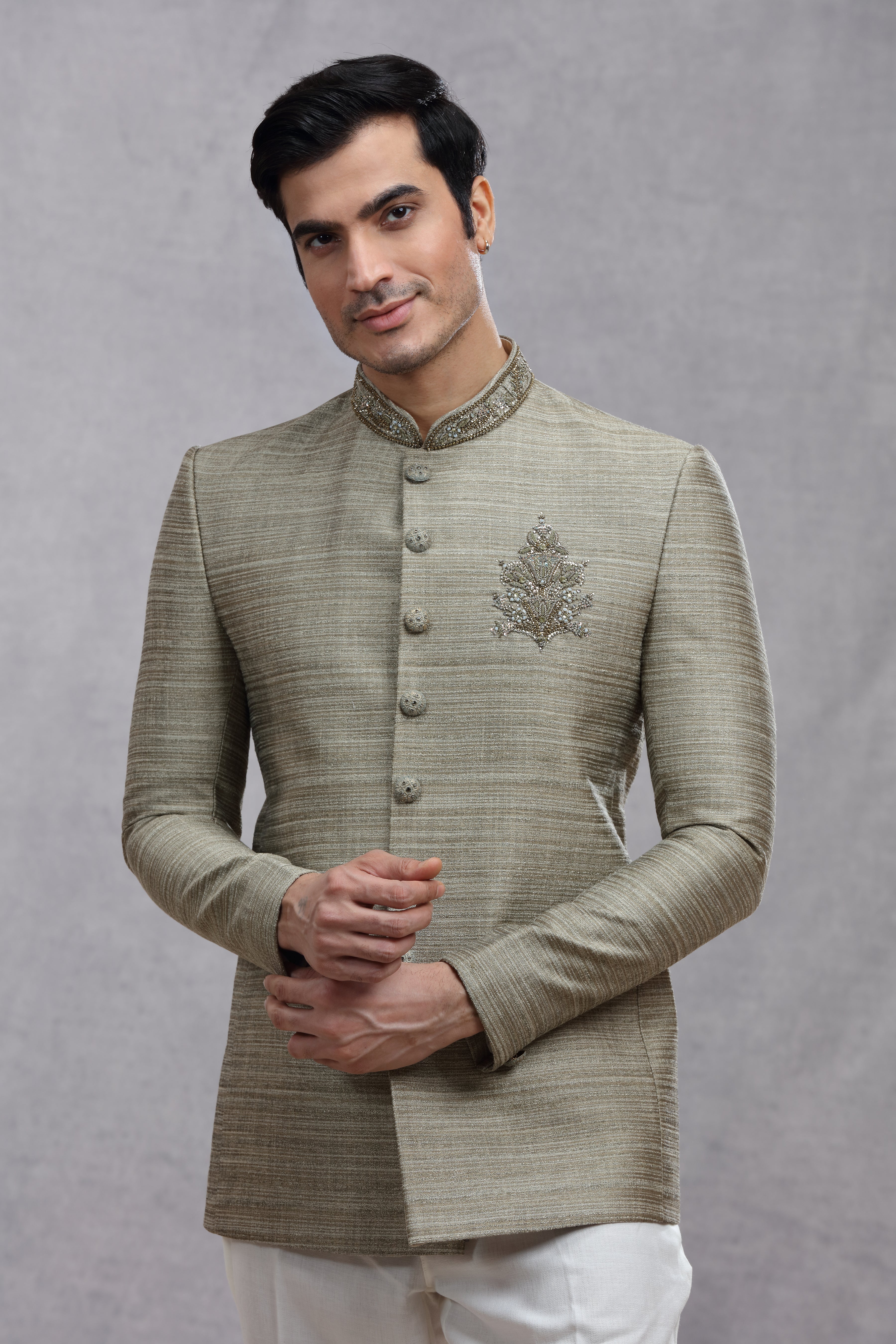 Grey Raw Silk Jodhpuri Suit with Jardoji Work