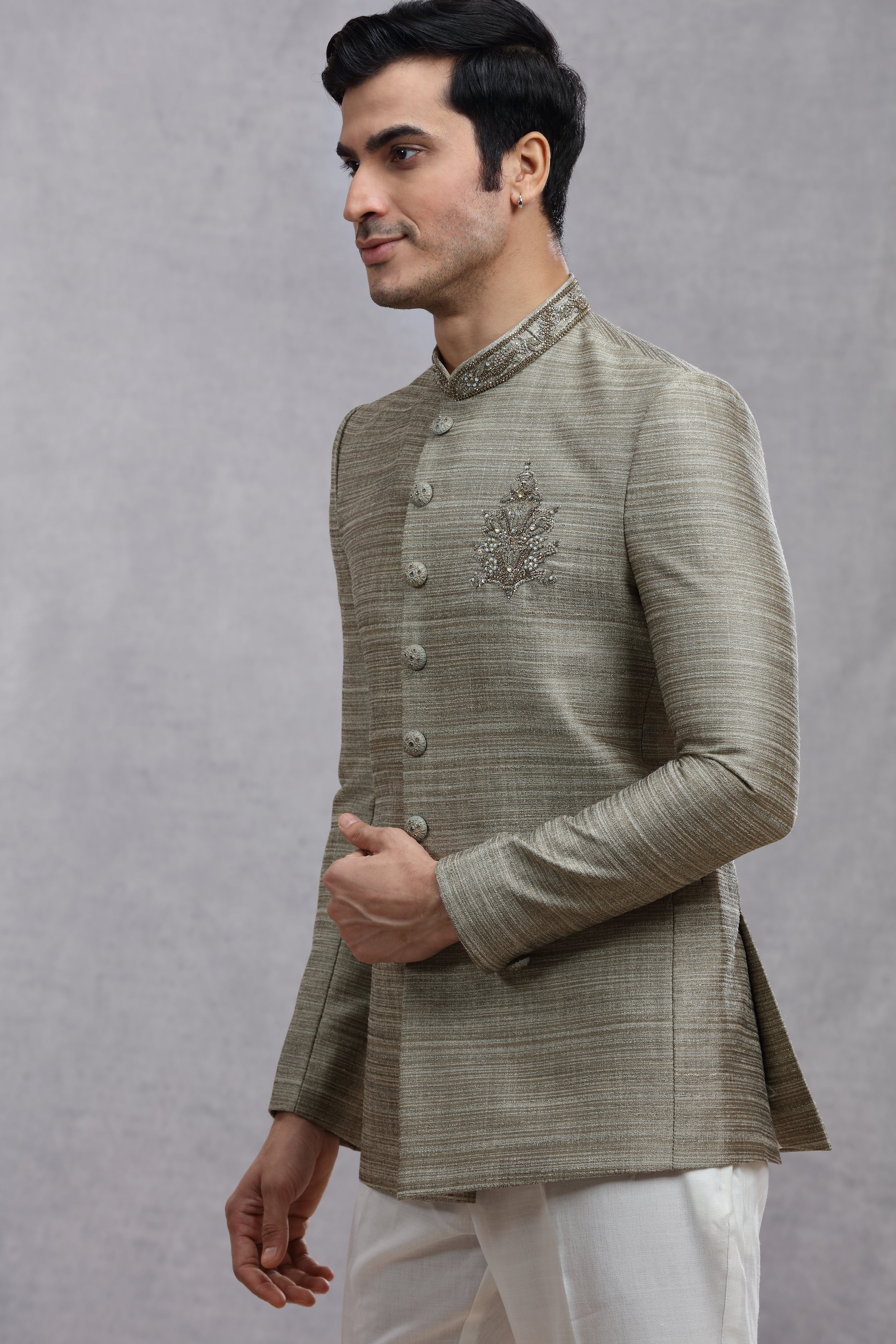 Grey Raw Silk Jodhpuri Suit with Jardoji Work