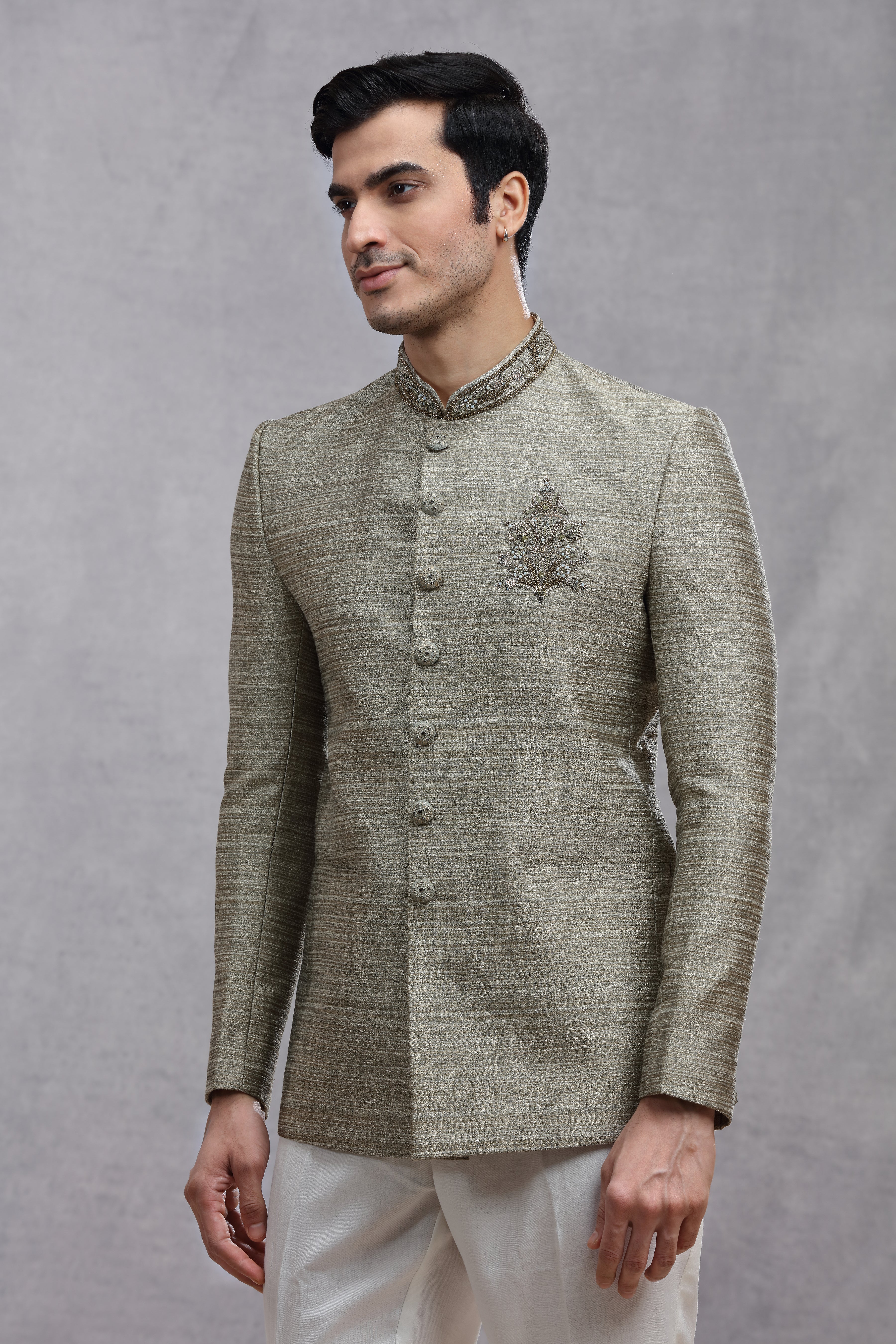 Grey Raw Silk Jodhpuri Suit with Jardoji Work