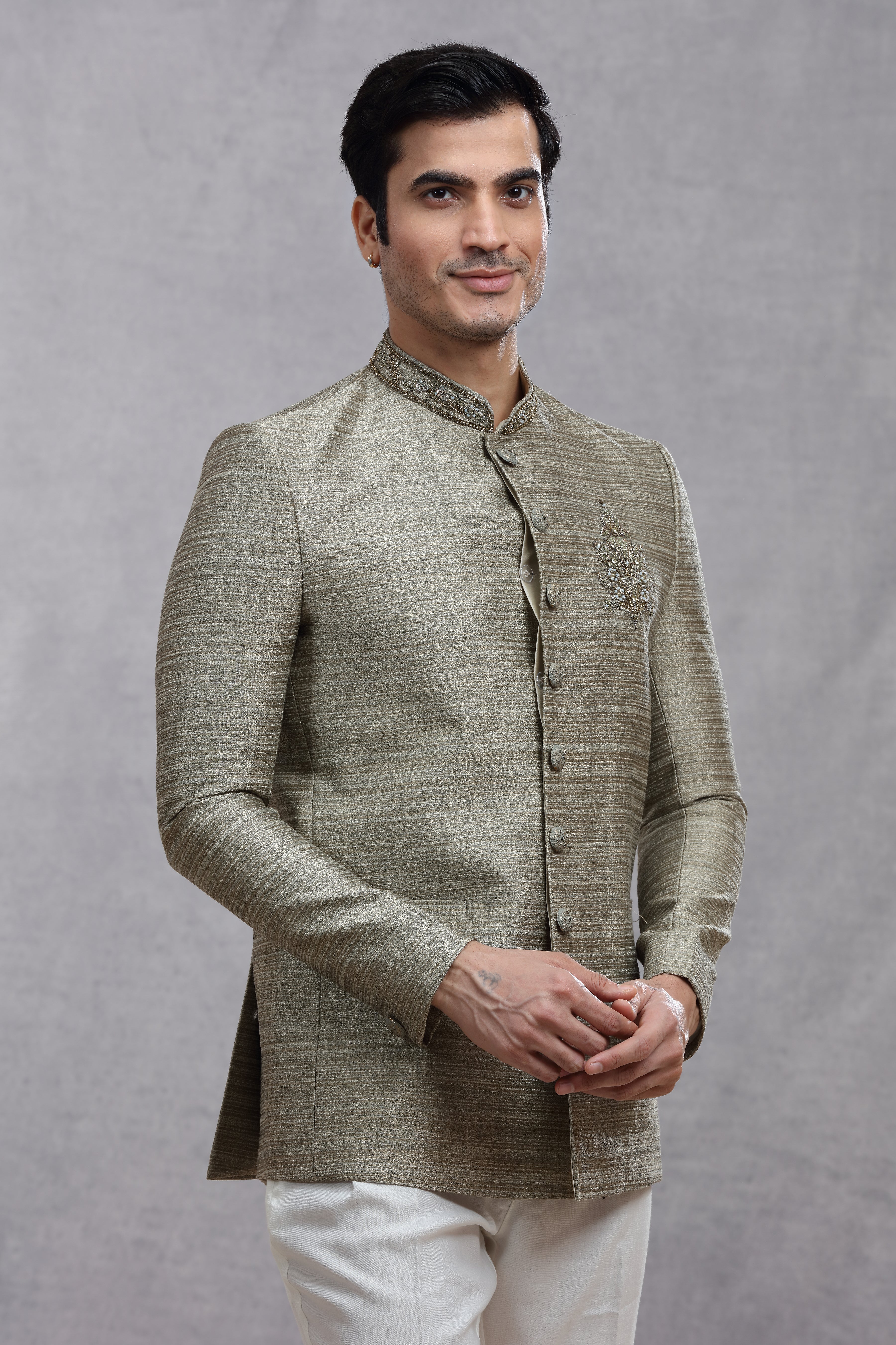 Grey Raw Silk Jodhpuri Suit with Jardoji Work