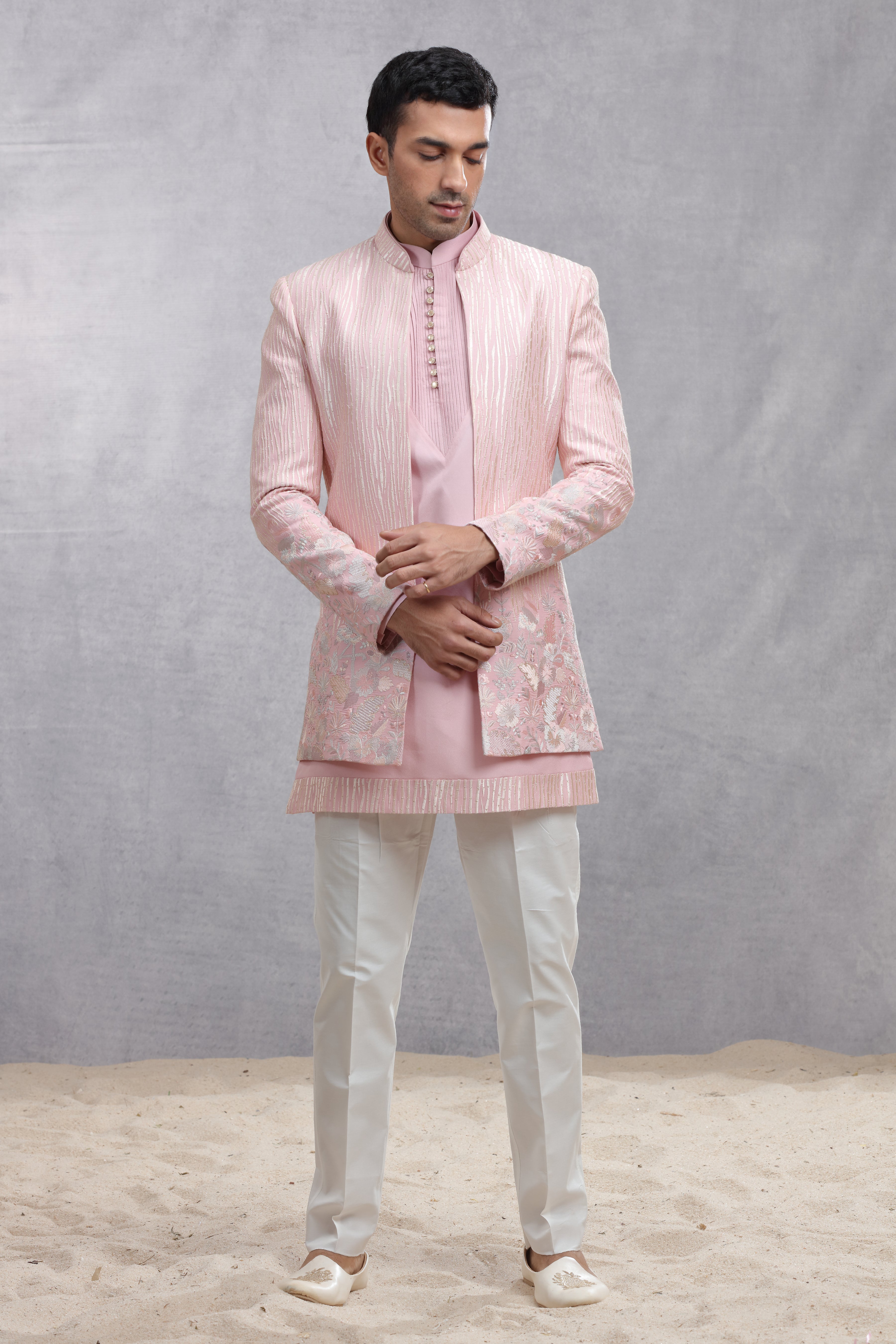 Baby Pink Silk Indo Western with Floral & Wavy Line Thread Work