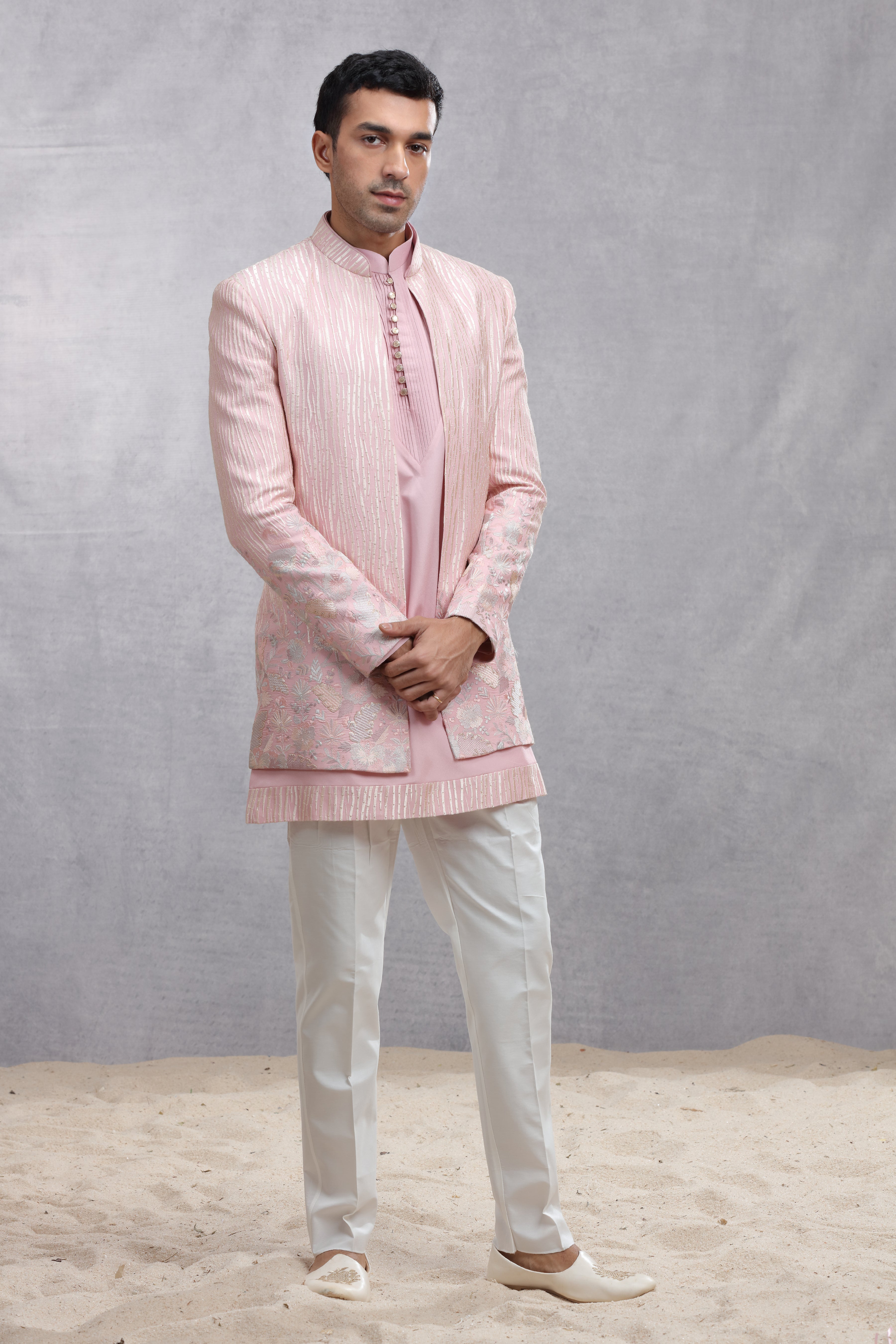 Baby Pink Silk Indo Western with Floral & Wavy Line Thread Work