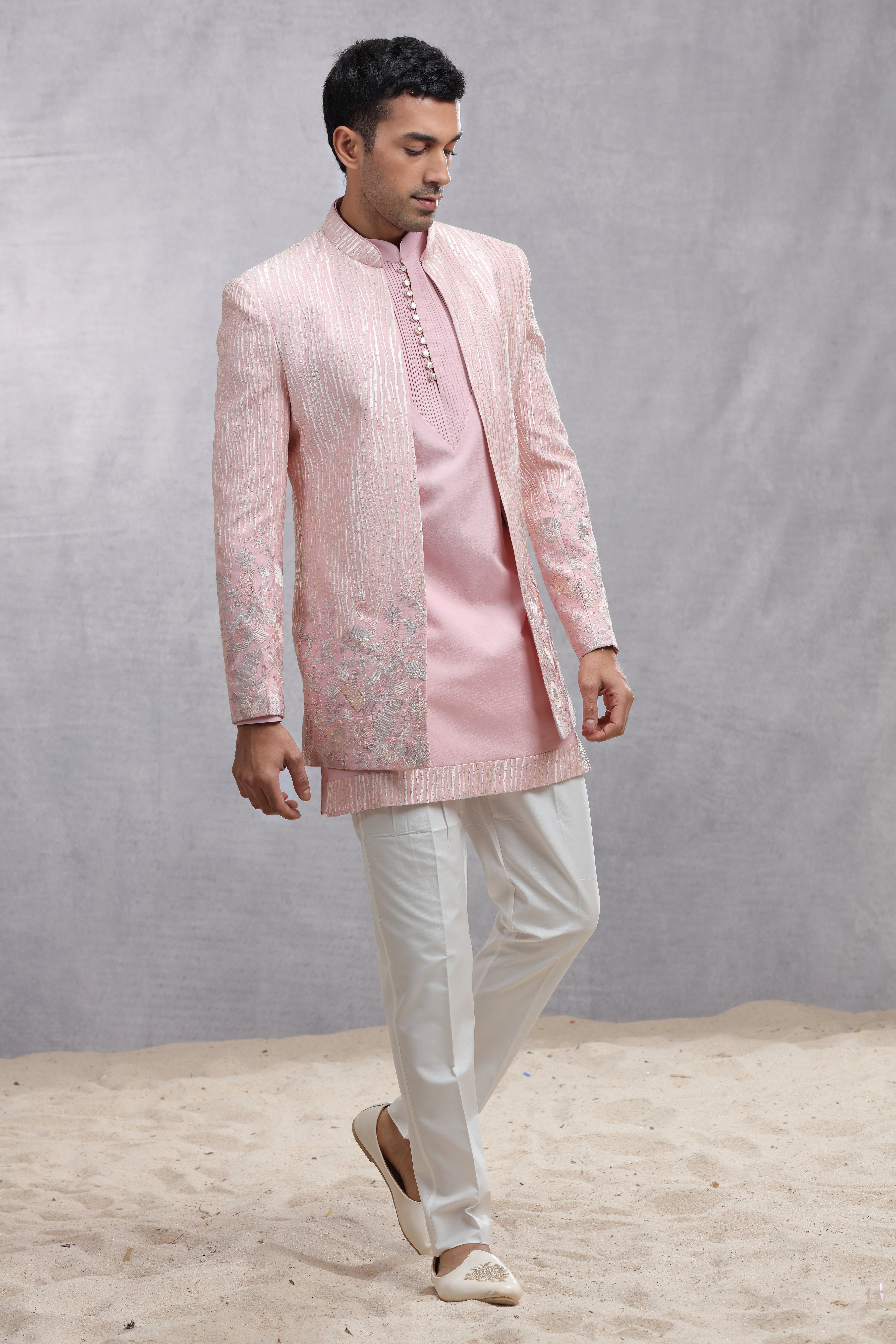 Baby Pink Silk Indo Western with Floral & Wavy Line Thread Work