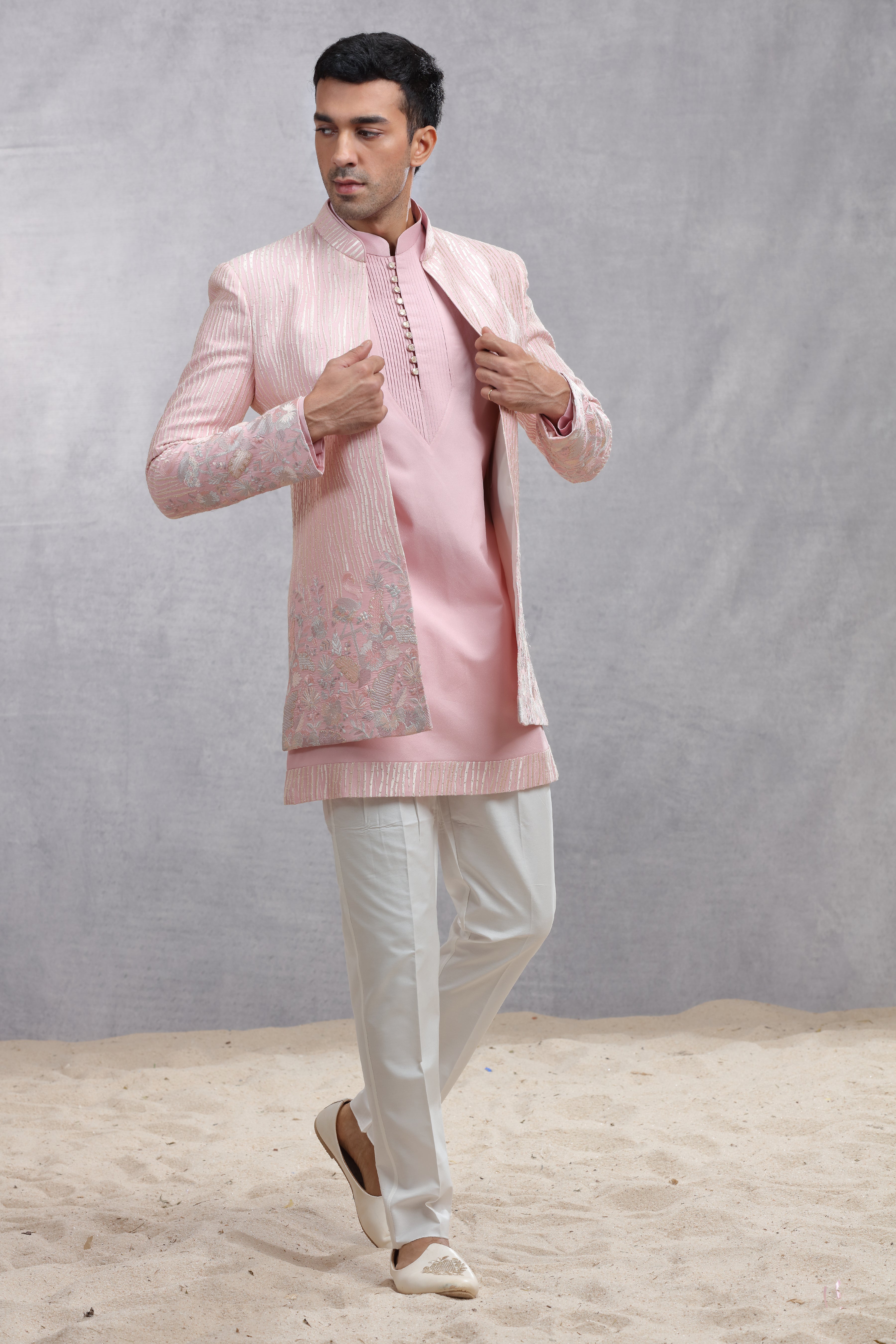 Baby Pink Silk Indo Western with Floral & Wavy Line Thread Work