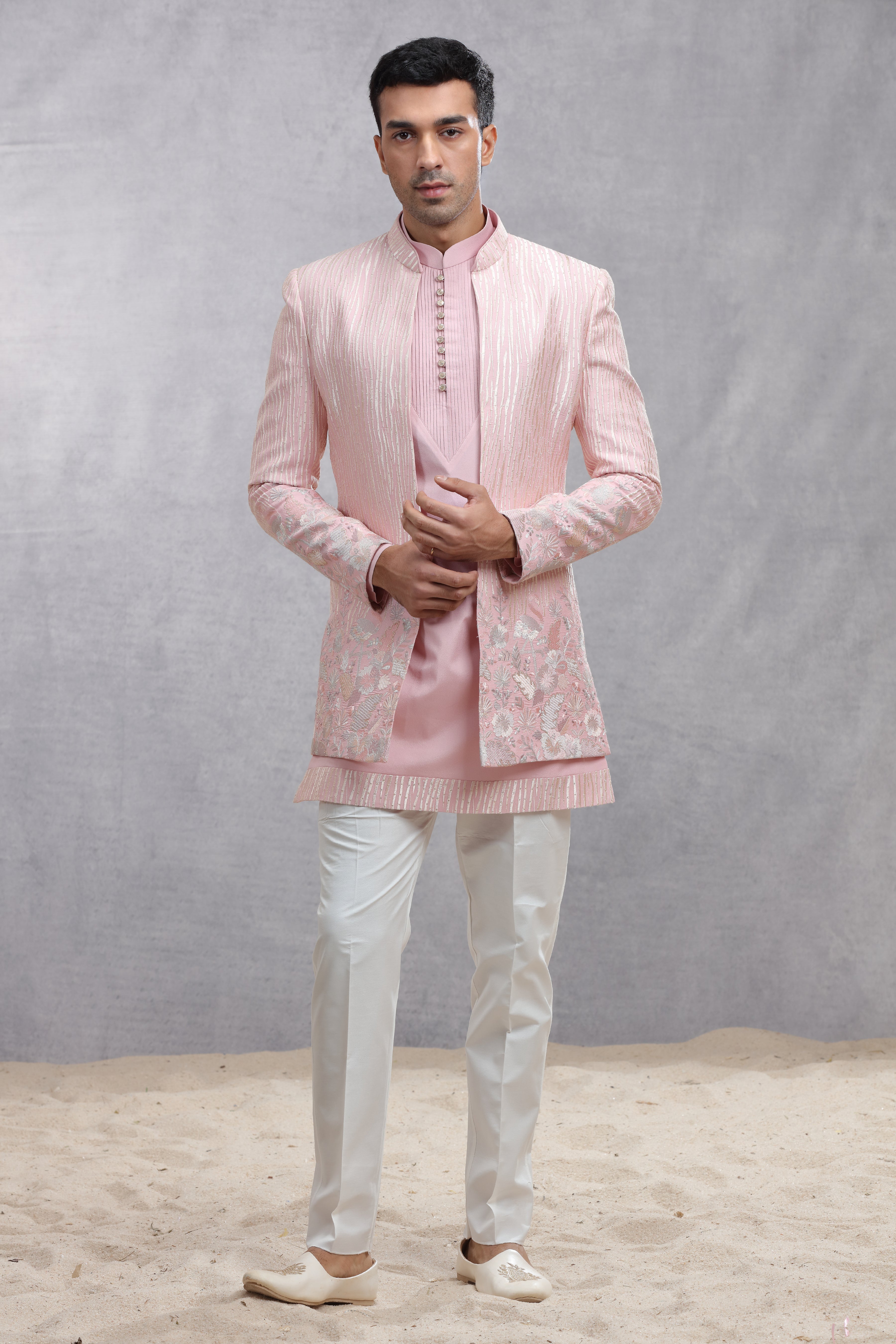 Baby Pink Silk Indo Western with Floral & Wavy Line Thread Work