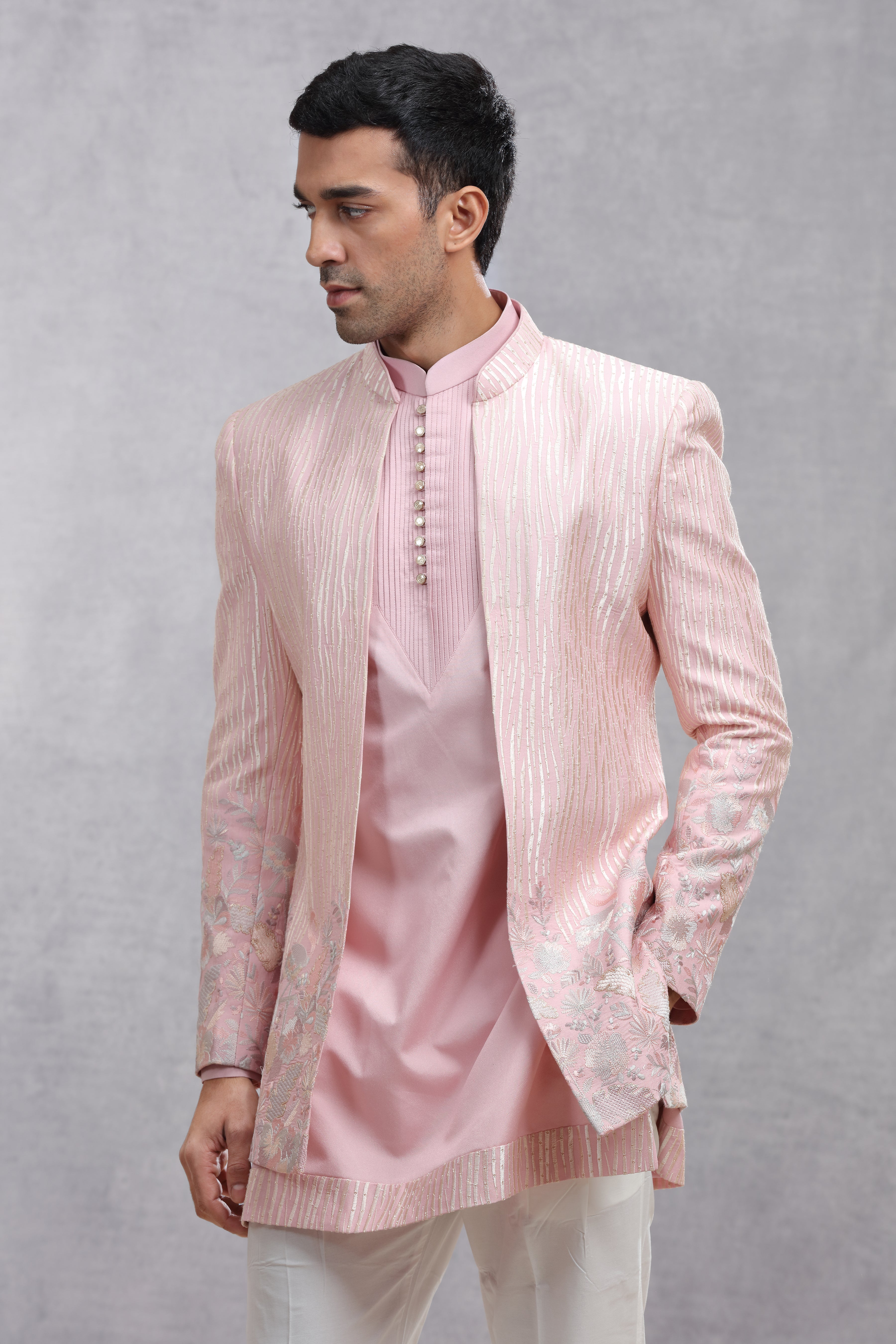 Baby Pink Silk Indo Western with Floral & Wavy Line Thread Work